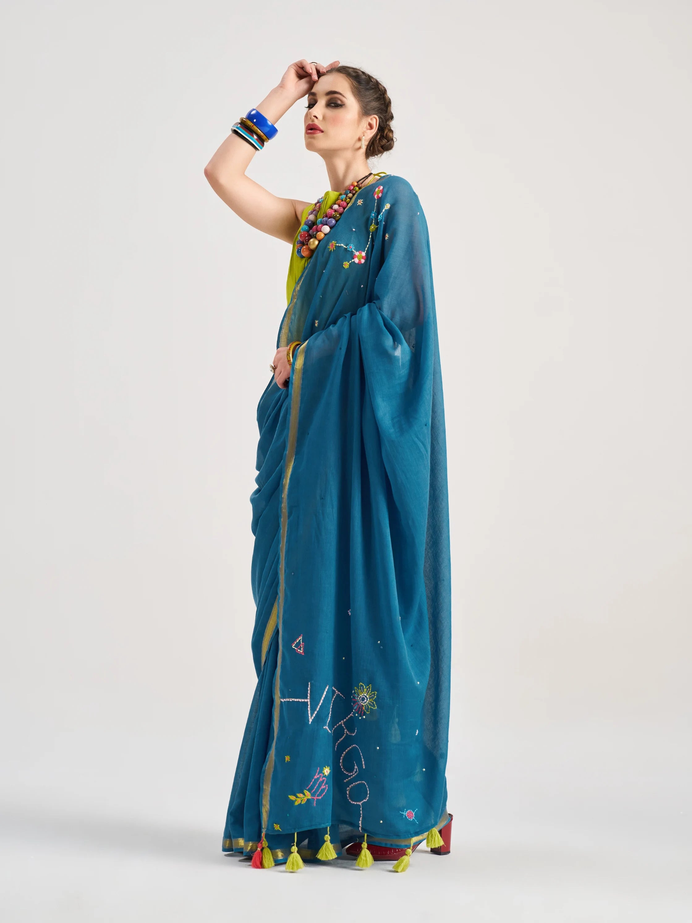 VISCOSE MUL VIRGO VEDIC ZODIAC HAND EMBROIDERED SAREE WITH BLOUSE