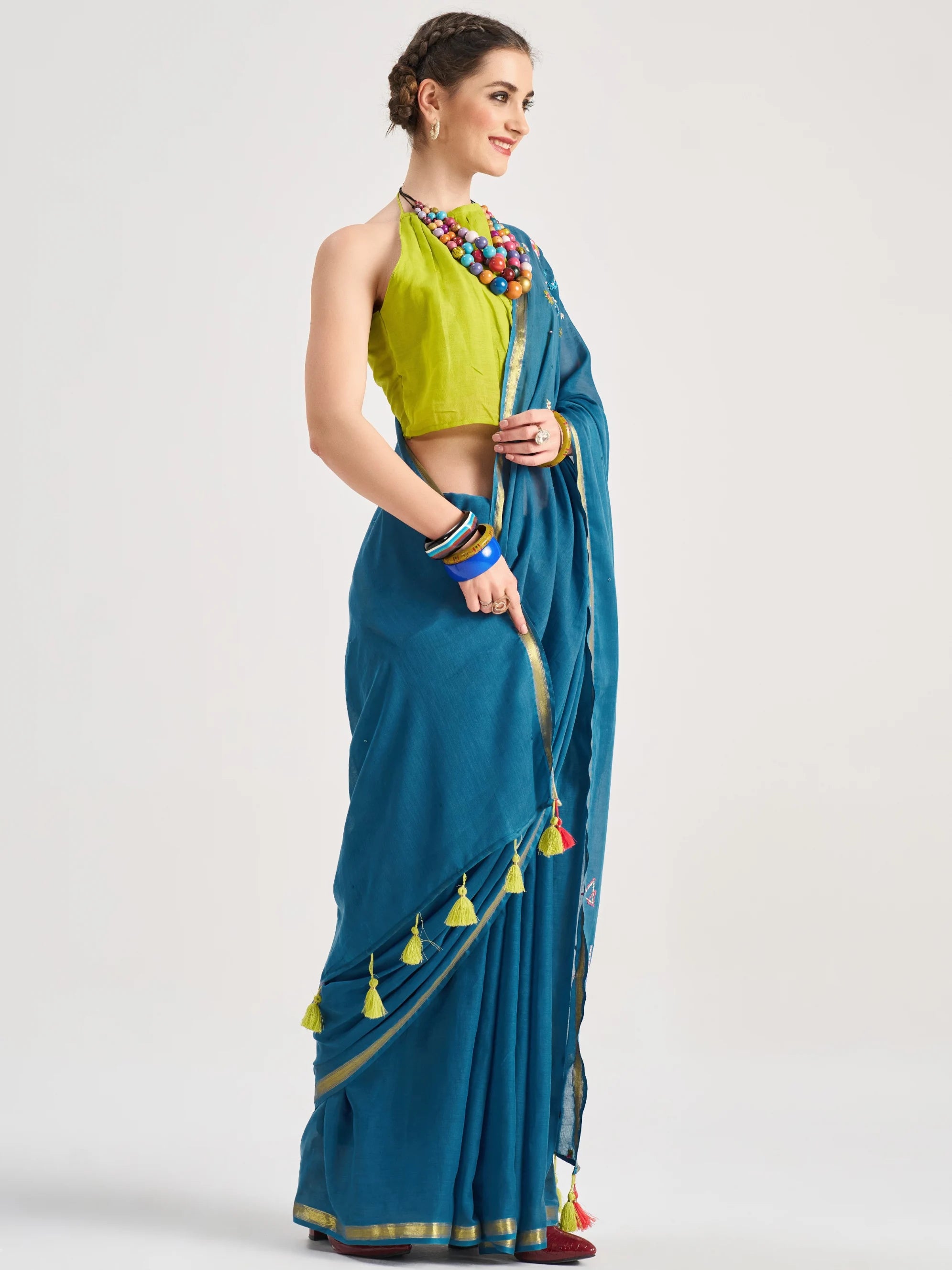 VISCOSE MUL VIRGO VEDIC ZODIAC HAND EMBROIDERED SAREE WITH BLOUSE