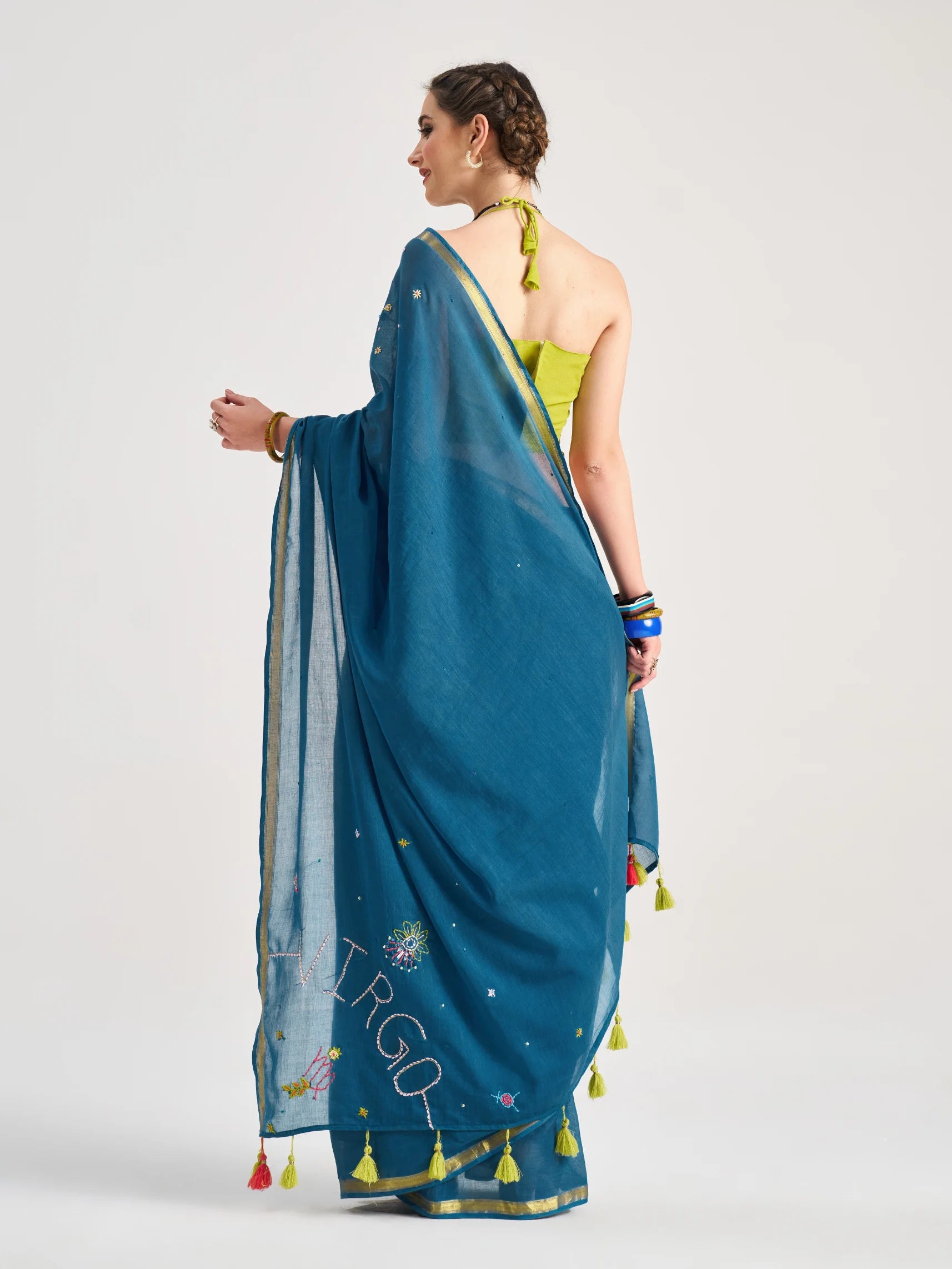VISCOSE MUL VIRGO VEDIC ZODIAC HAND EMBROIDERED SAREE WITH BLOUSE