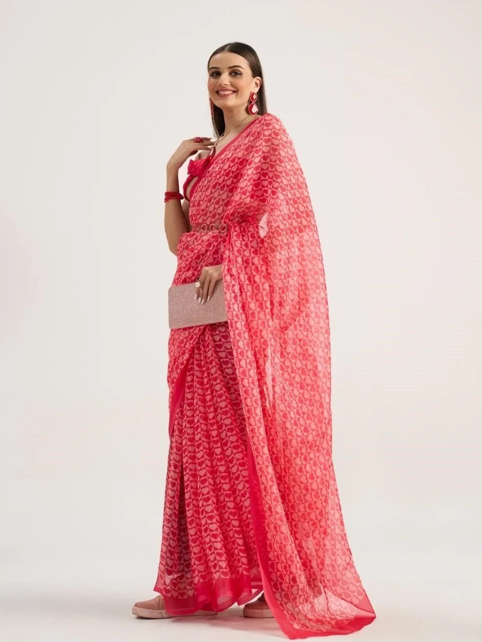 VISCOSE ORGANZA DIGITAL PRINTED RED SAREE WITH BLOUSE