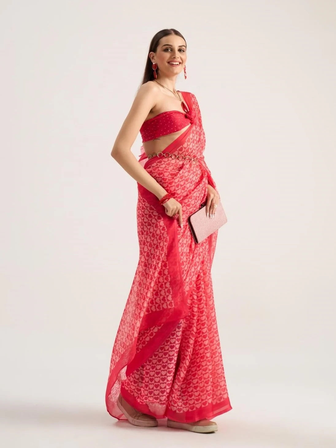 VISCOSE ORGANZA DIGITAL PRINTED RED SAREE WITH BLOUSE