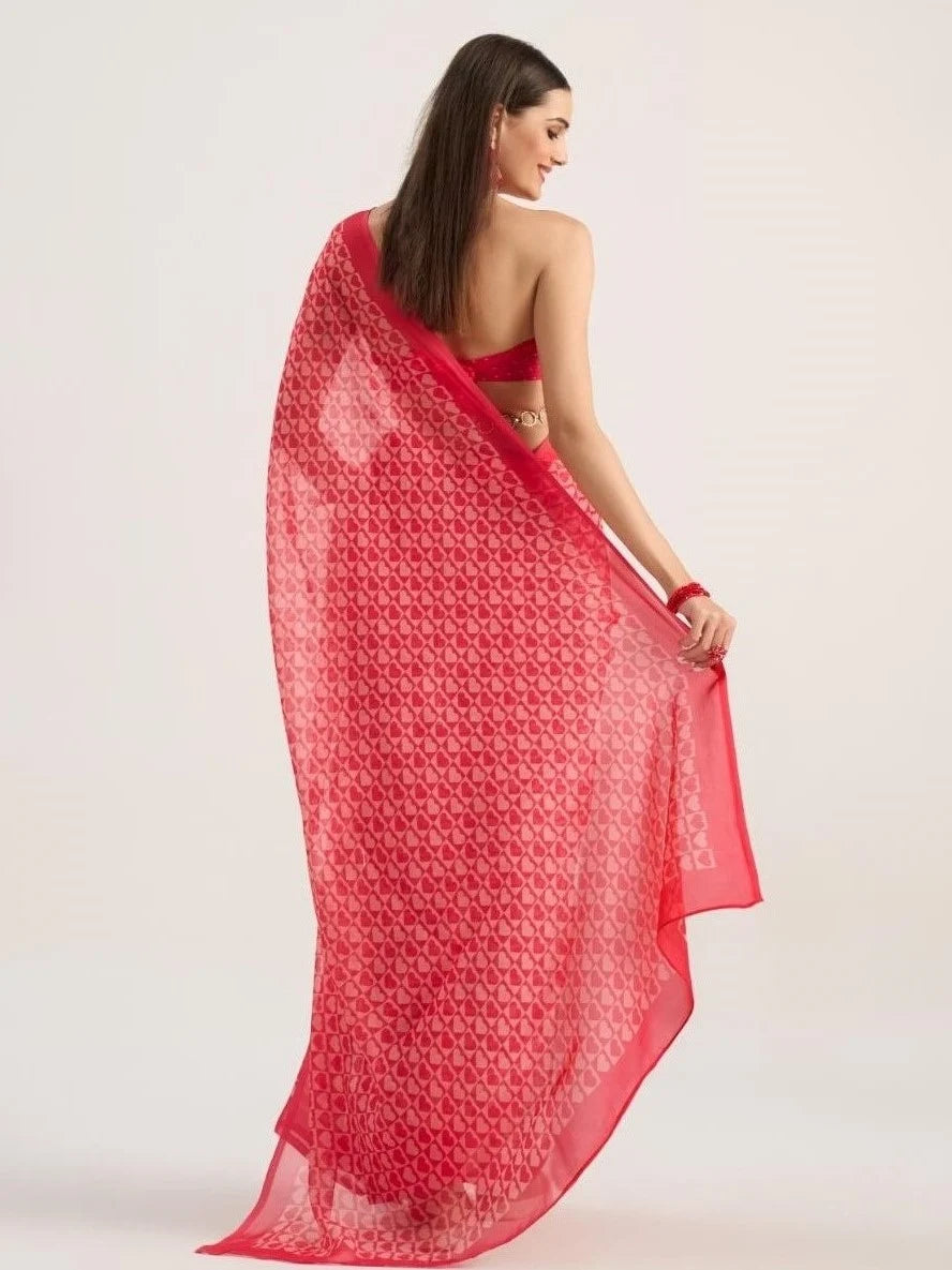 VISCOSE ORGANZA DIGITAL PRINTED RED SAREE WITH BLOUSE