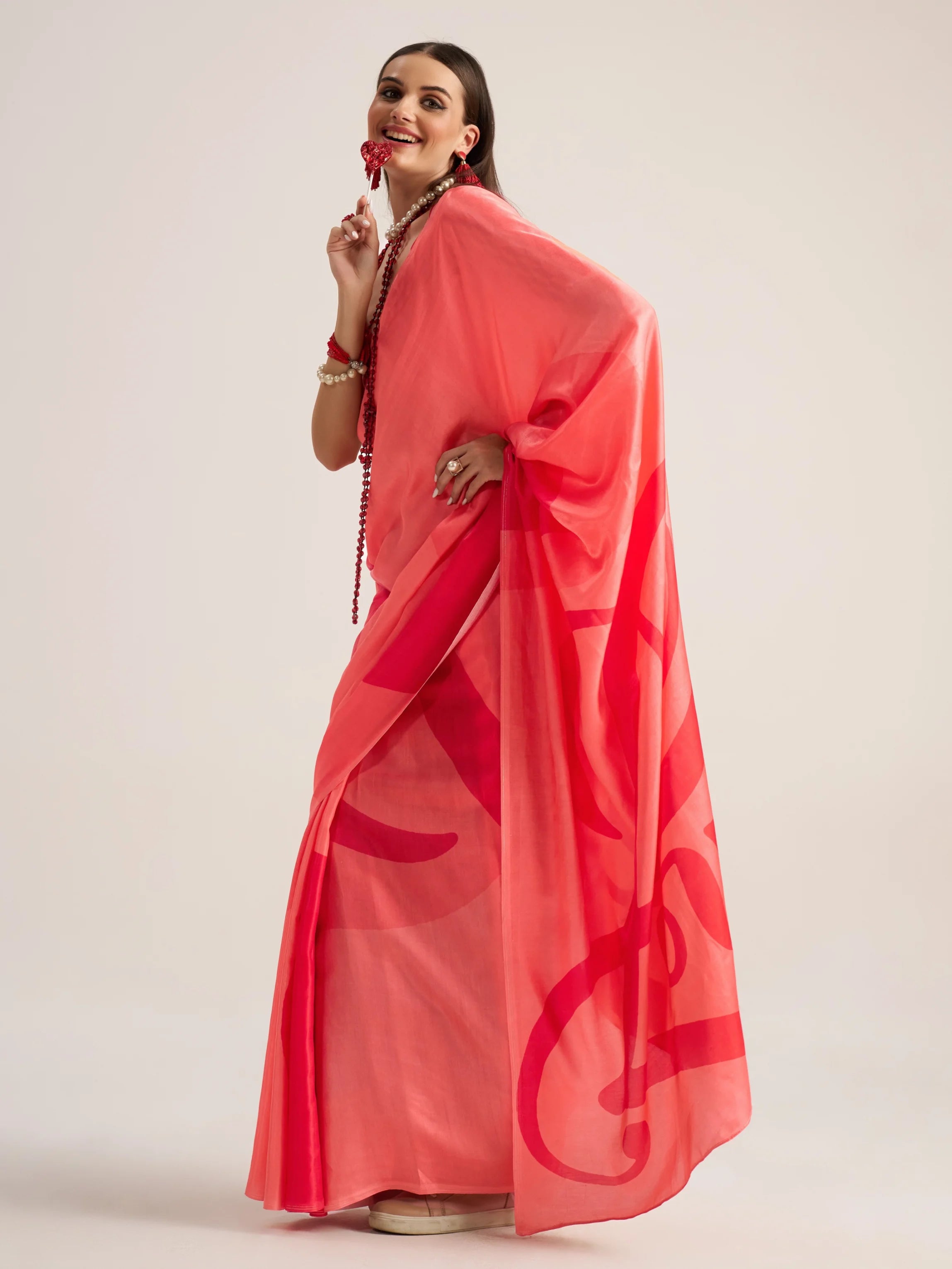 BEMBERG MODAL SATIN DIGITAL PRINTED RED SAREE