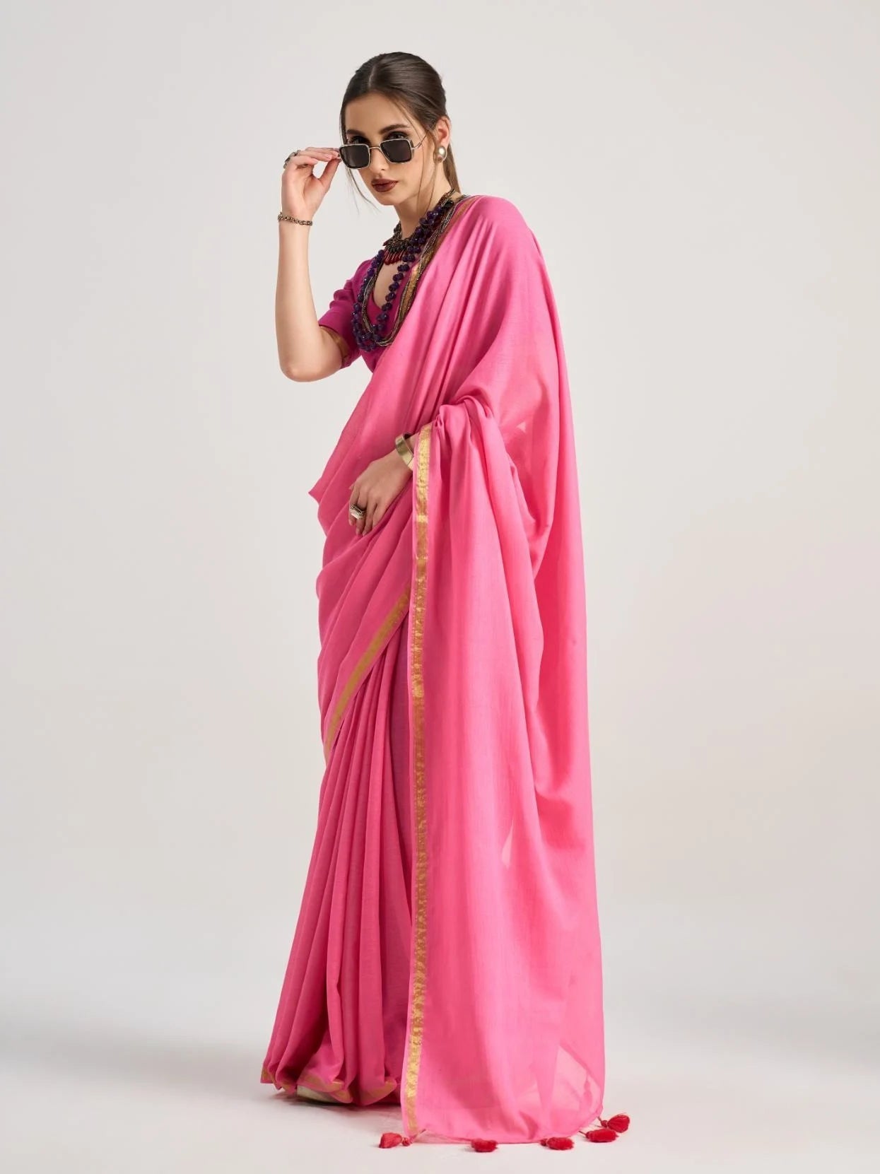 VISCOSE MUL LIVA SOLID SAREE WITH BLOUSE