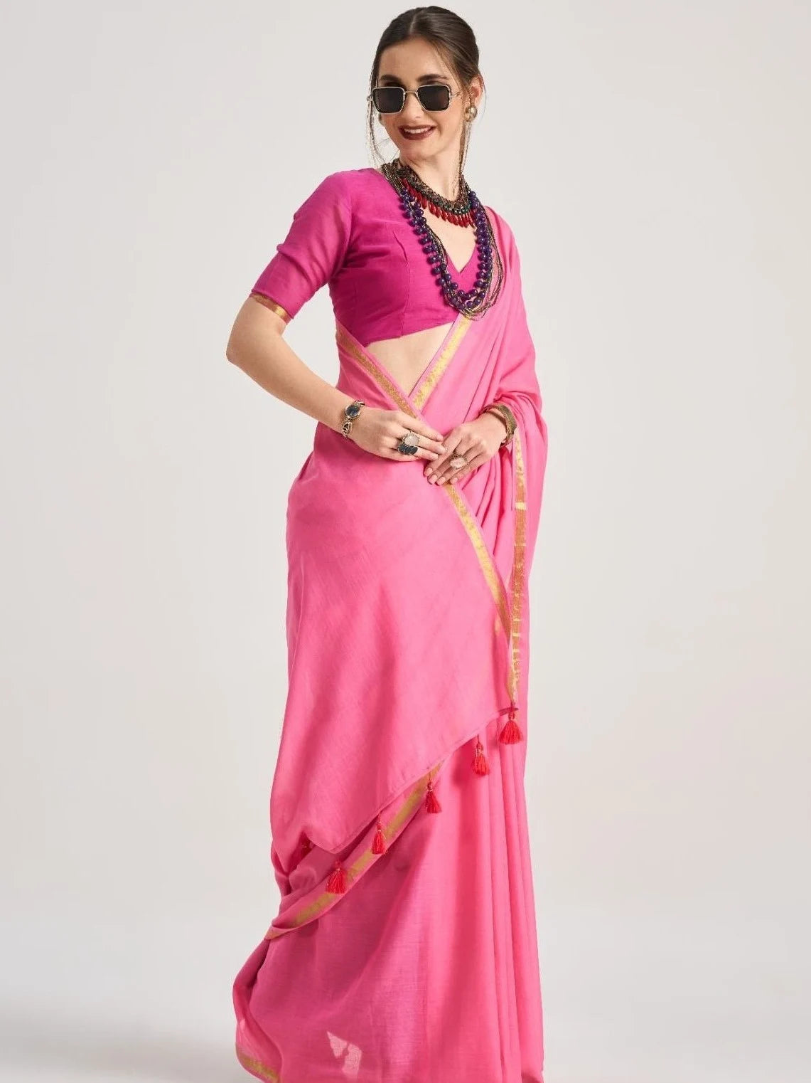 VISCOSE MUL LIVA SOLID SAREE WITH BLOUSE