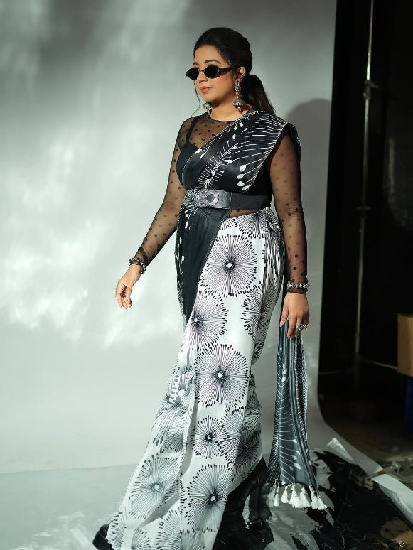 SHREYA GHOSHAL IN MODAL SATIN MONOCHROME FLORAL PRINT LIVA SAREE