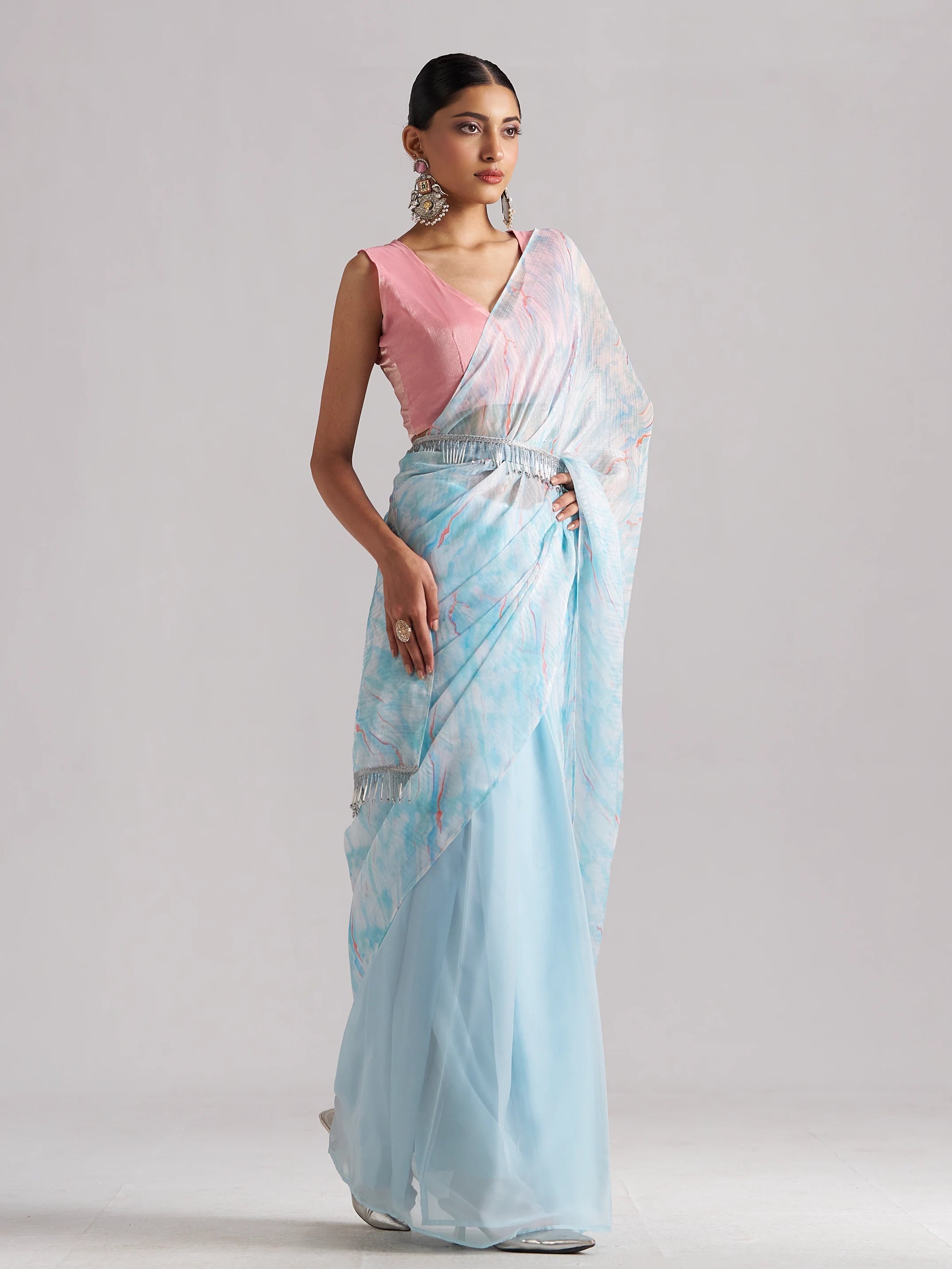 SKY BLUE SOFT ORGANZA READY TO WEAR SAREE