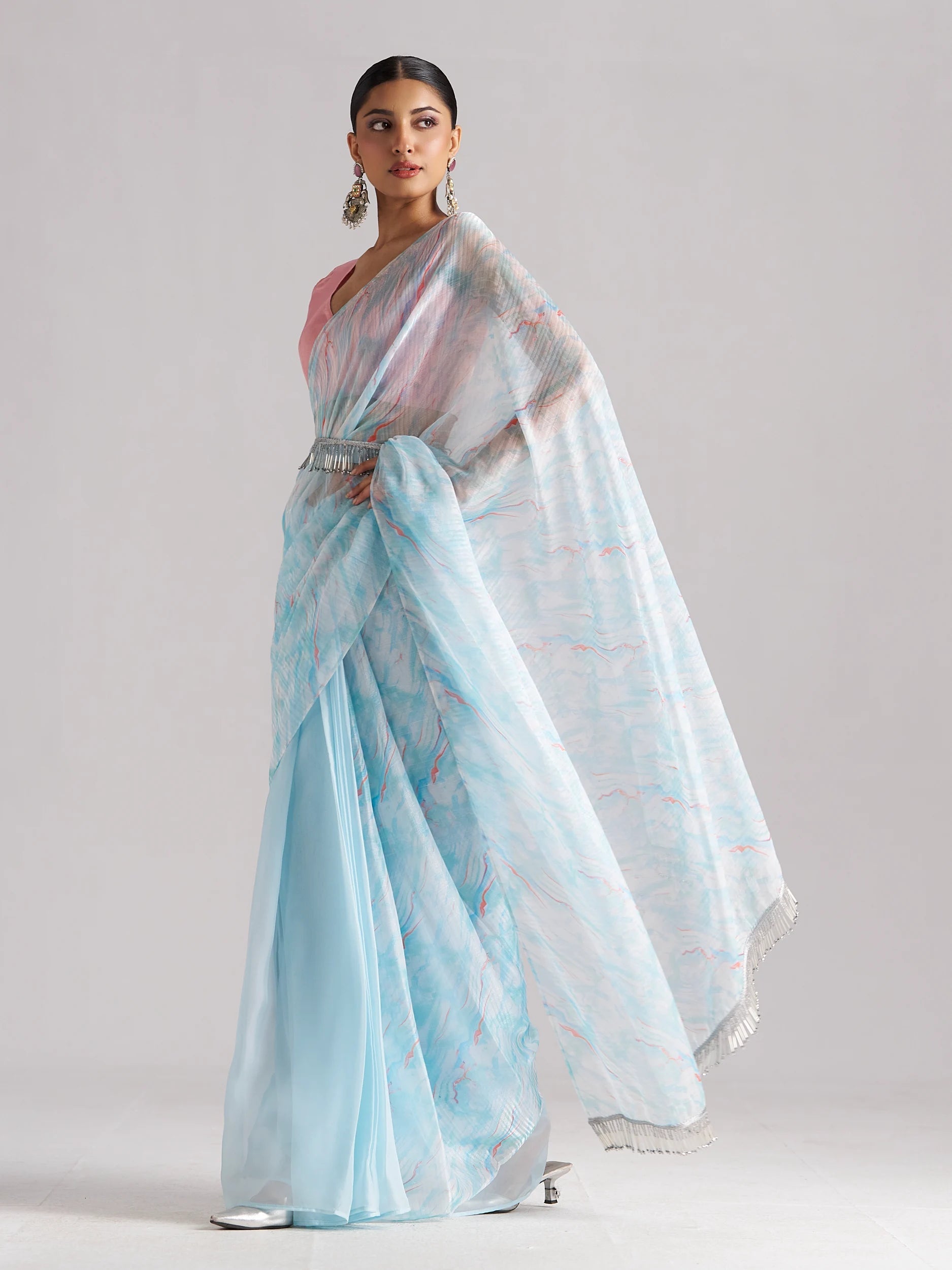 SKY BLUE SOFT ORGANZA READY TO WEAR SAREE