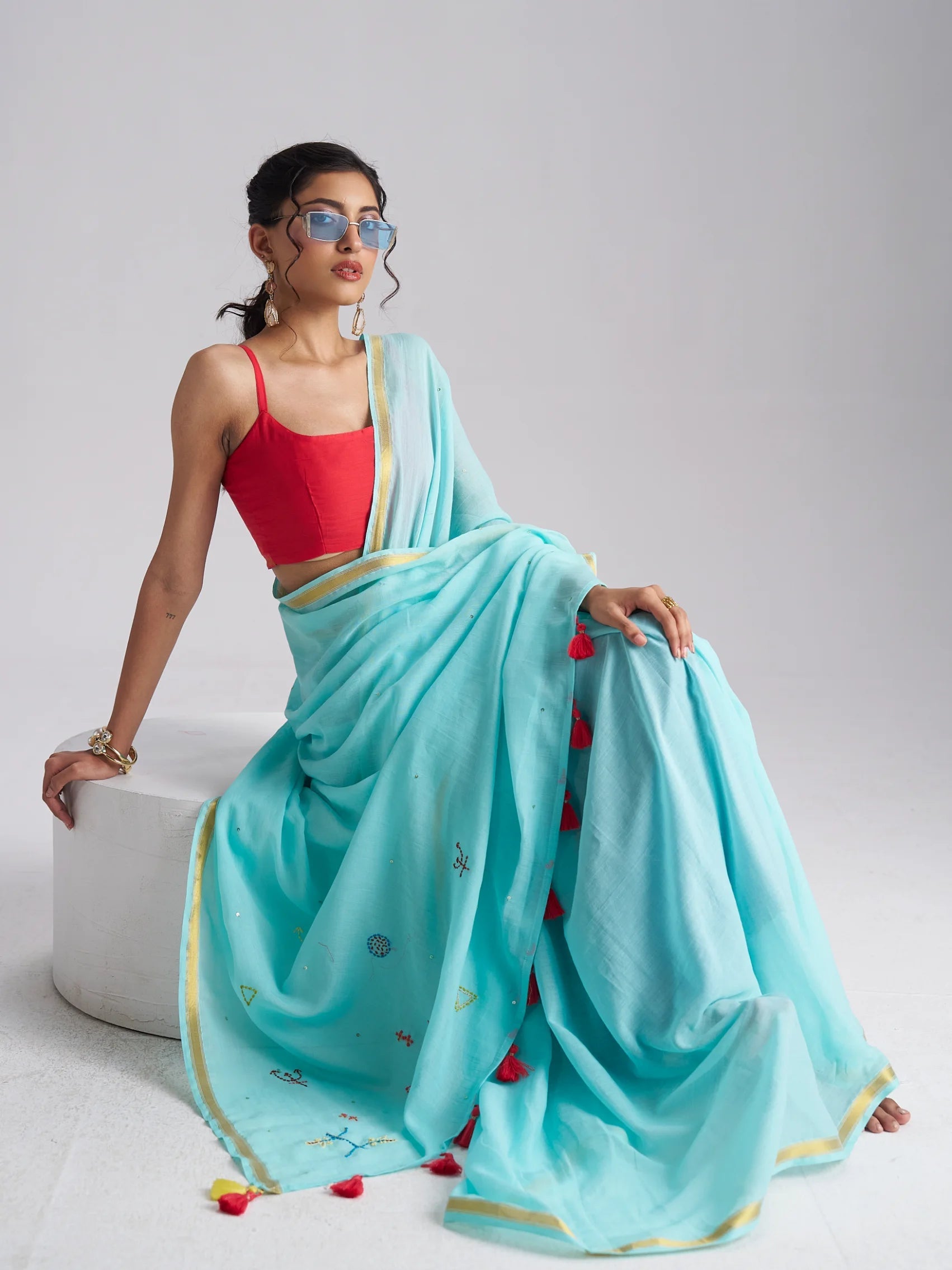 SKY BLUE VISCOSE MUL PISCES CELESTIAL THREAD WORK SAREES