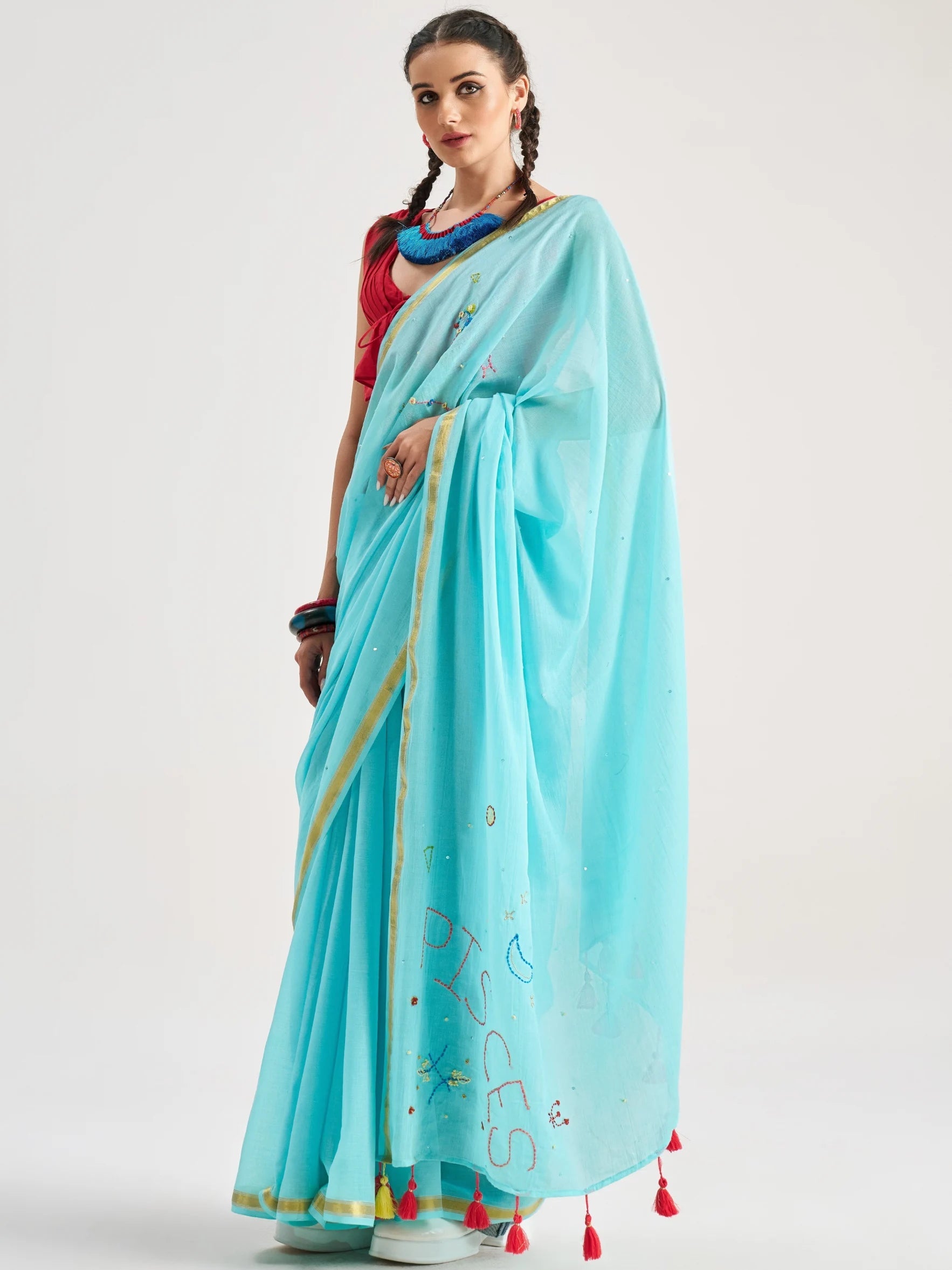 SKY BLUE VISCOSE MUL PISCES VEDIC ZODIAC THREAD WORK SAREES