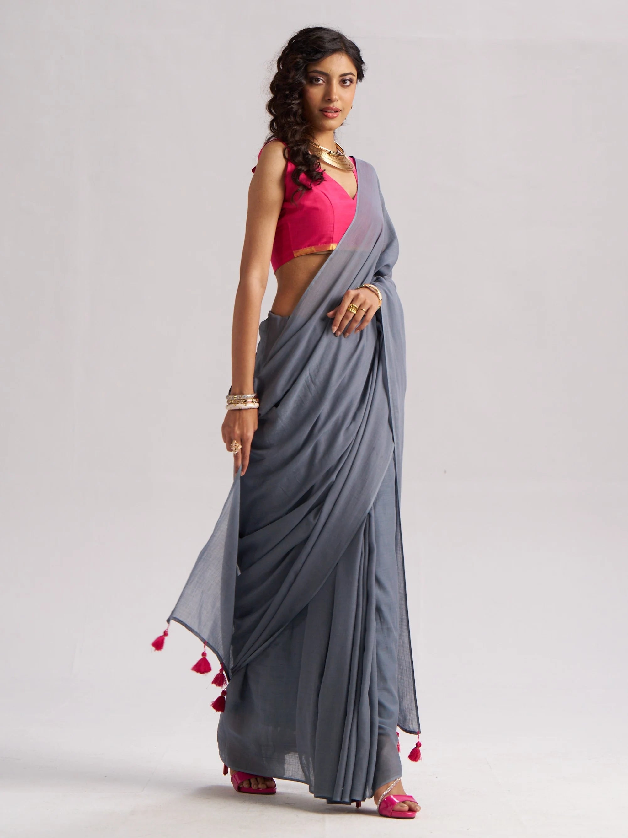 SLATE GRAY VISCOSE MUL LIVA SOLID SAREE