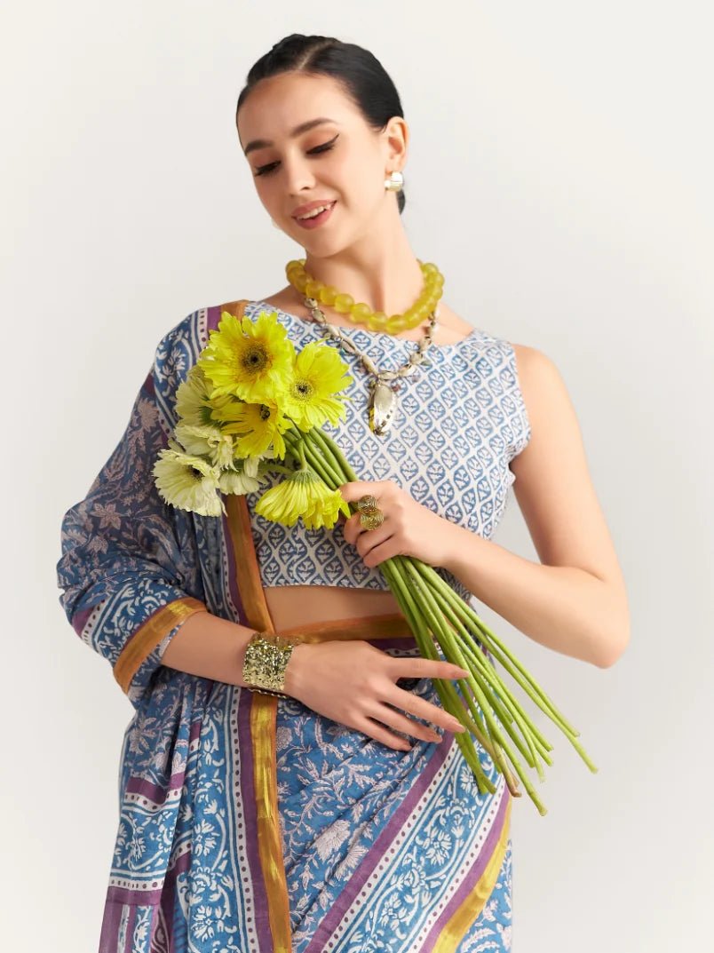 STEEL BLUE VISCOSE MUL LIVA BLOCK PRINTED SAREE