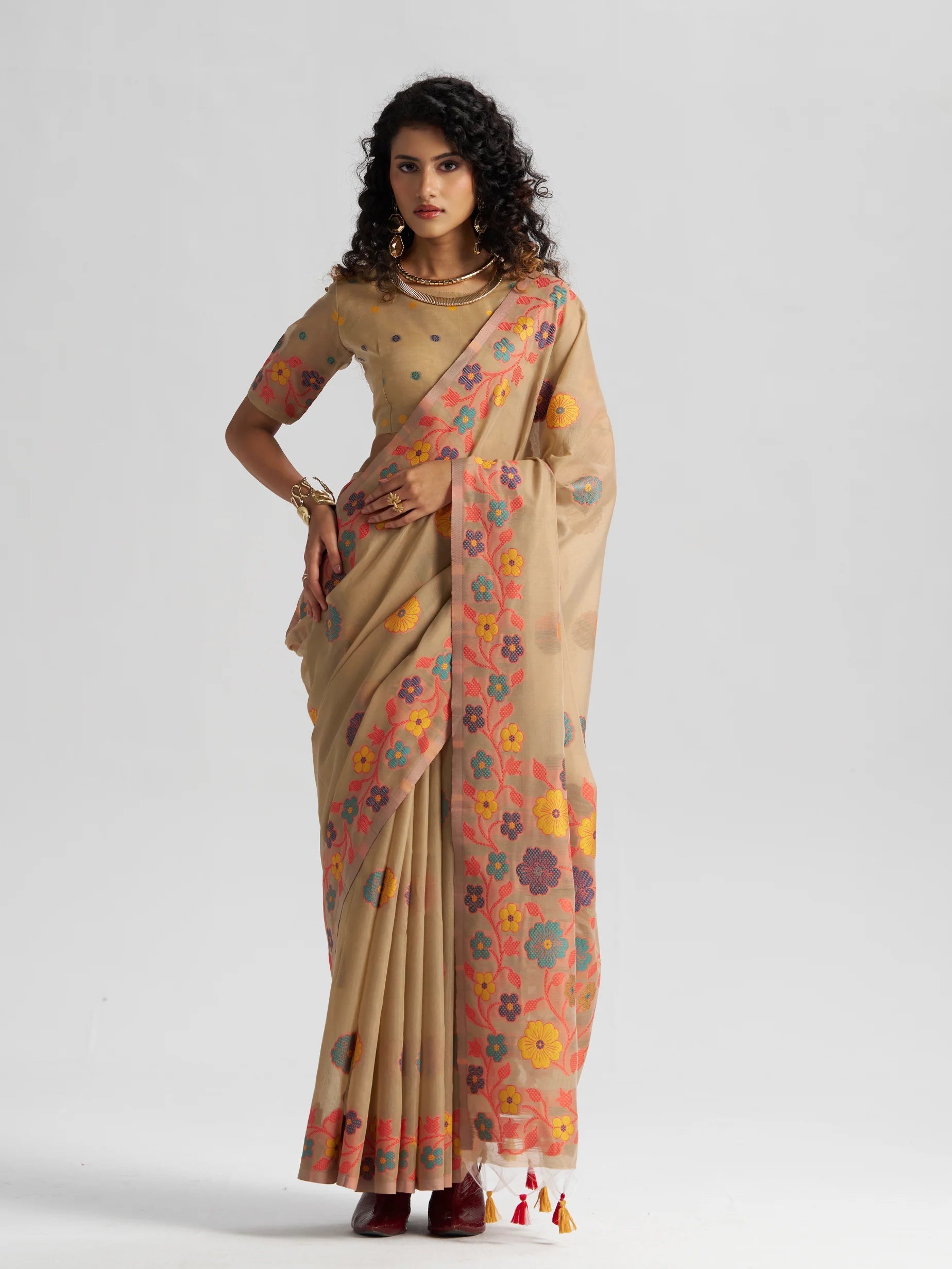 TAN BEIGE COTTON SILK GARDENIA SAREE
