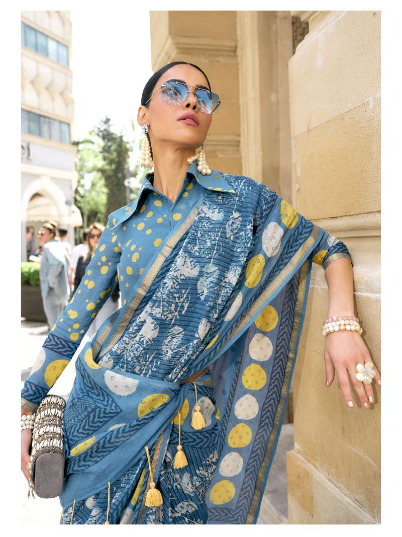 TEAL BLUE MULMUL COTTON LIVA BLOCK PRINTED SAREE