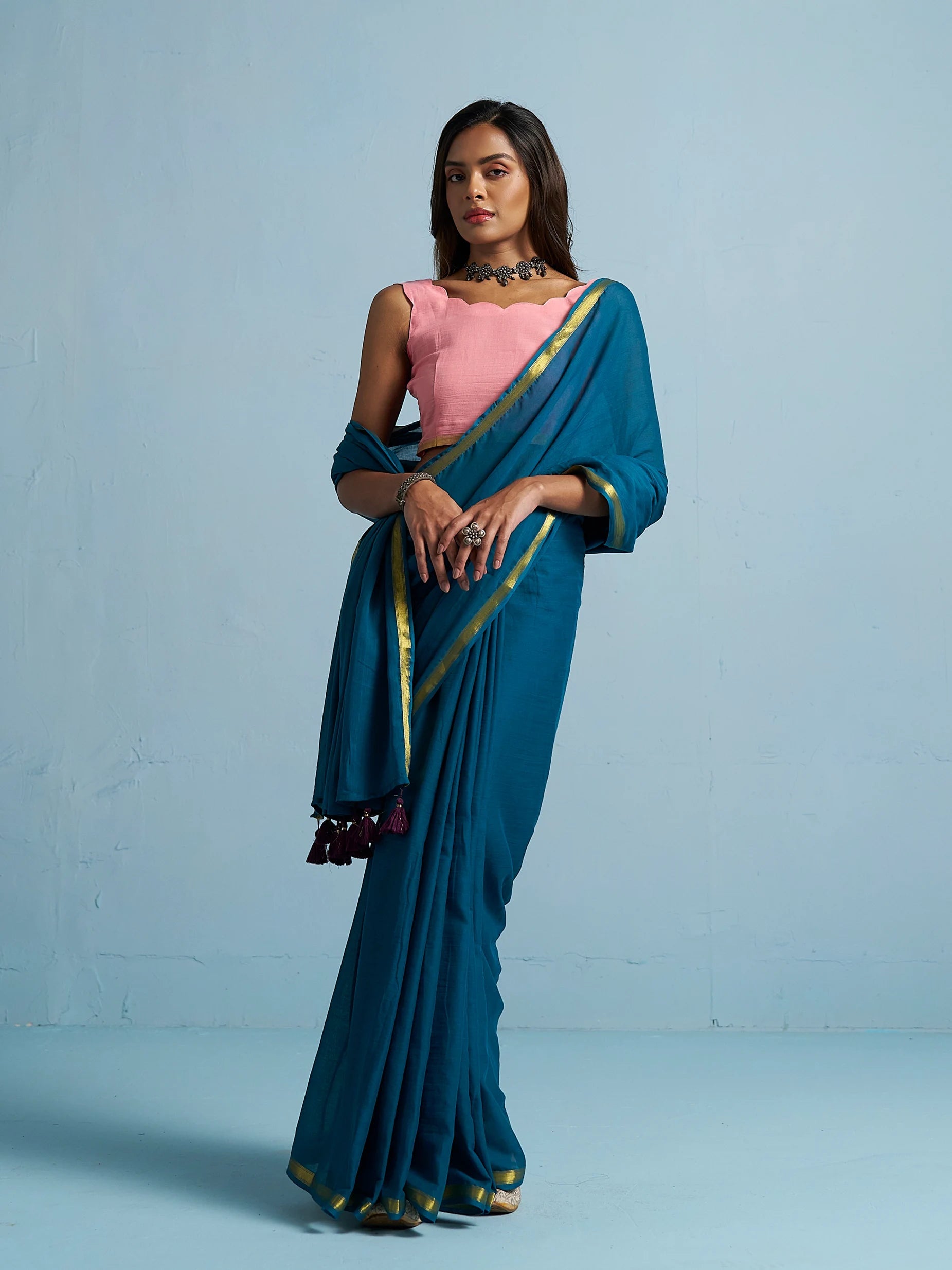 TEAL BLUE VISCOSE MUL LIVA SOLID SAREE