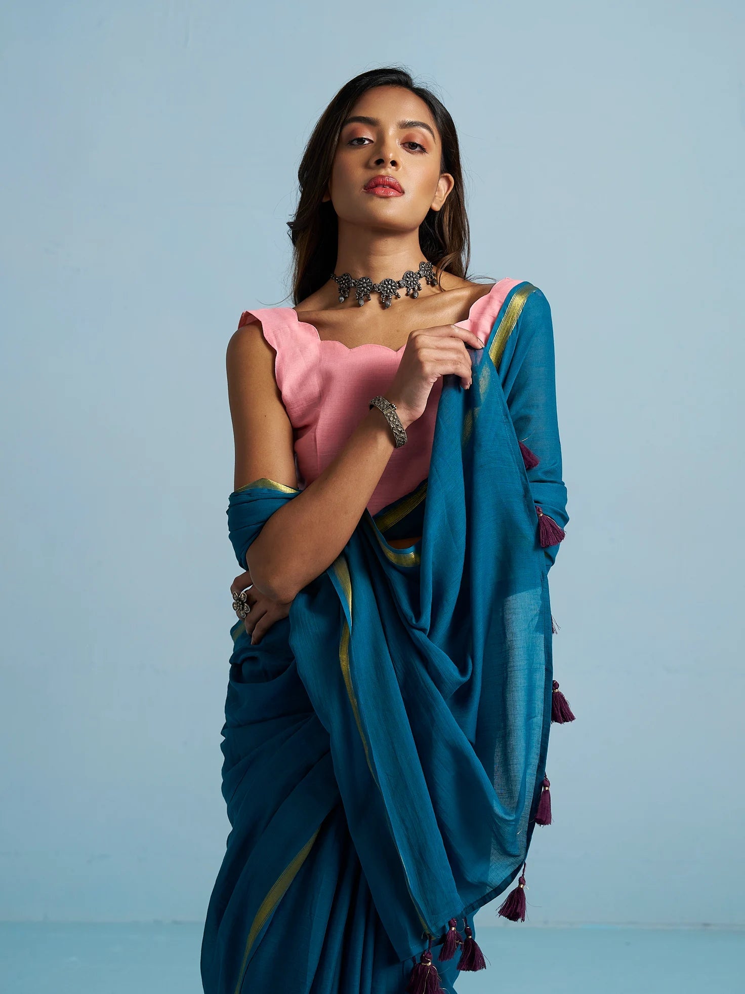 TEAL BLUE MULMUL COTTON LIVA SOLID SAREE