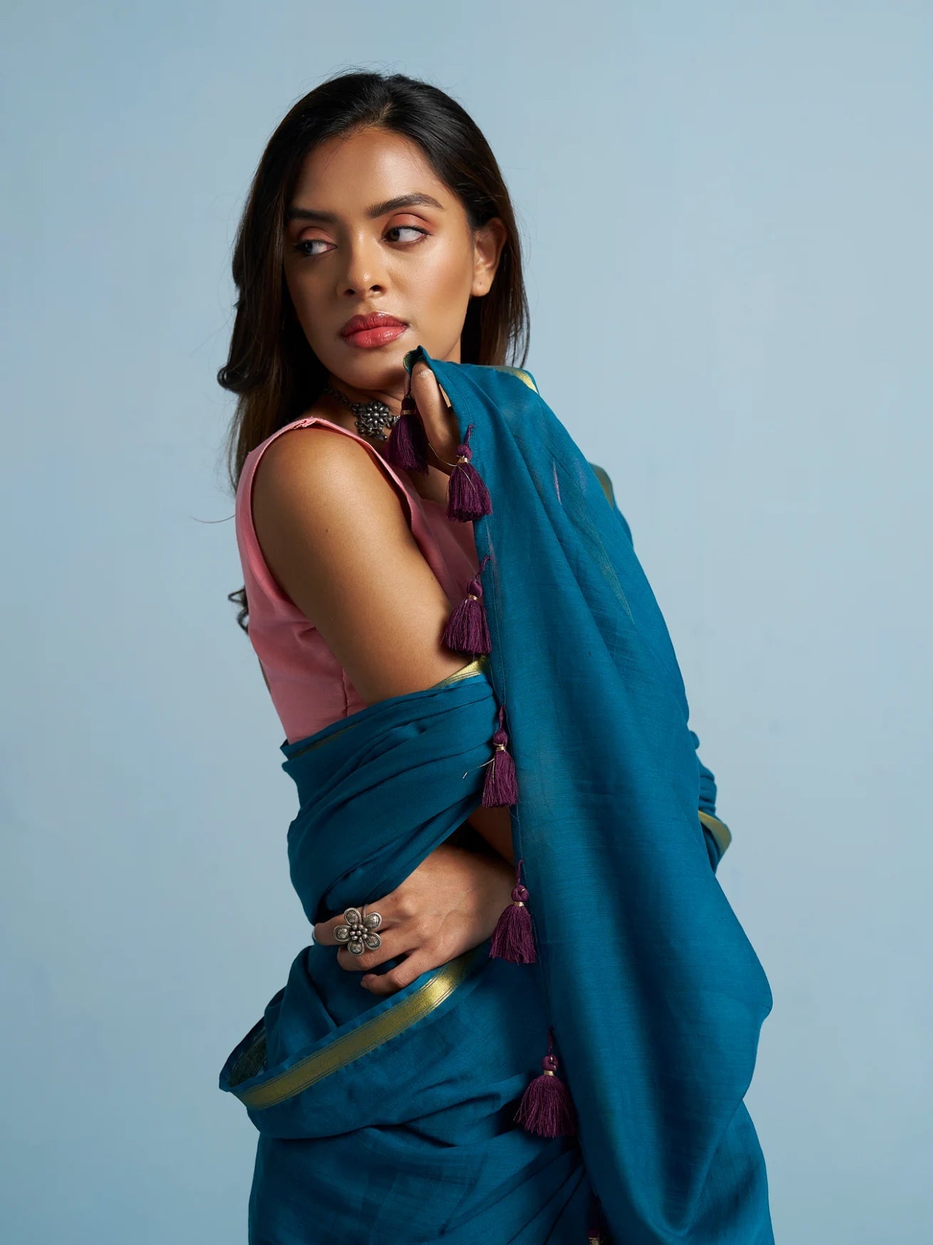 TEAL BLUE MULMUL COTTON LIVA SOLID SAREE