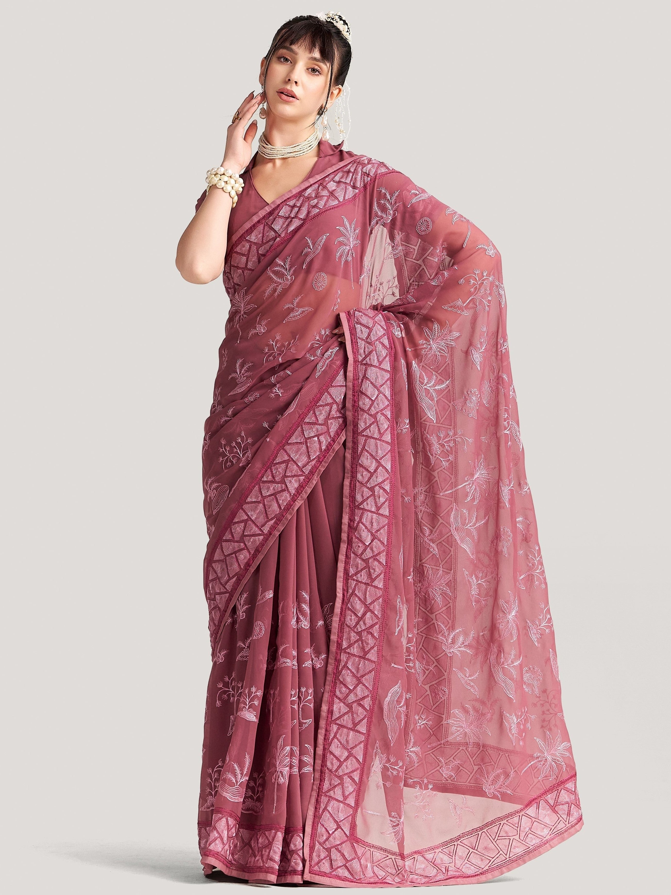 TURKISH ROSE PINK GEORGETTE TREE PRINTED EMBROIDERY SAREE