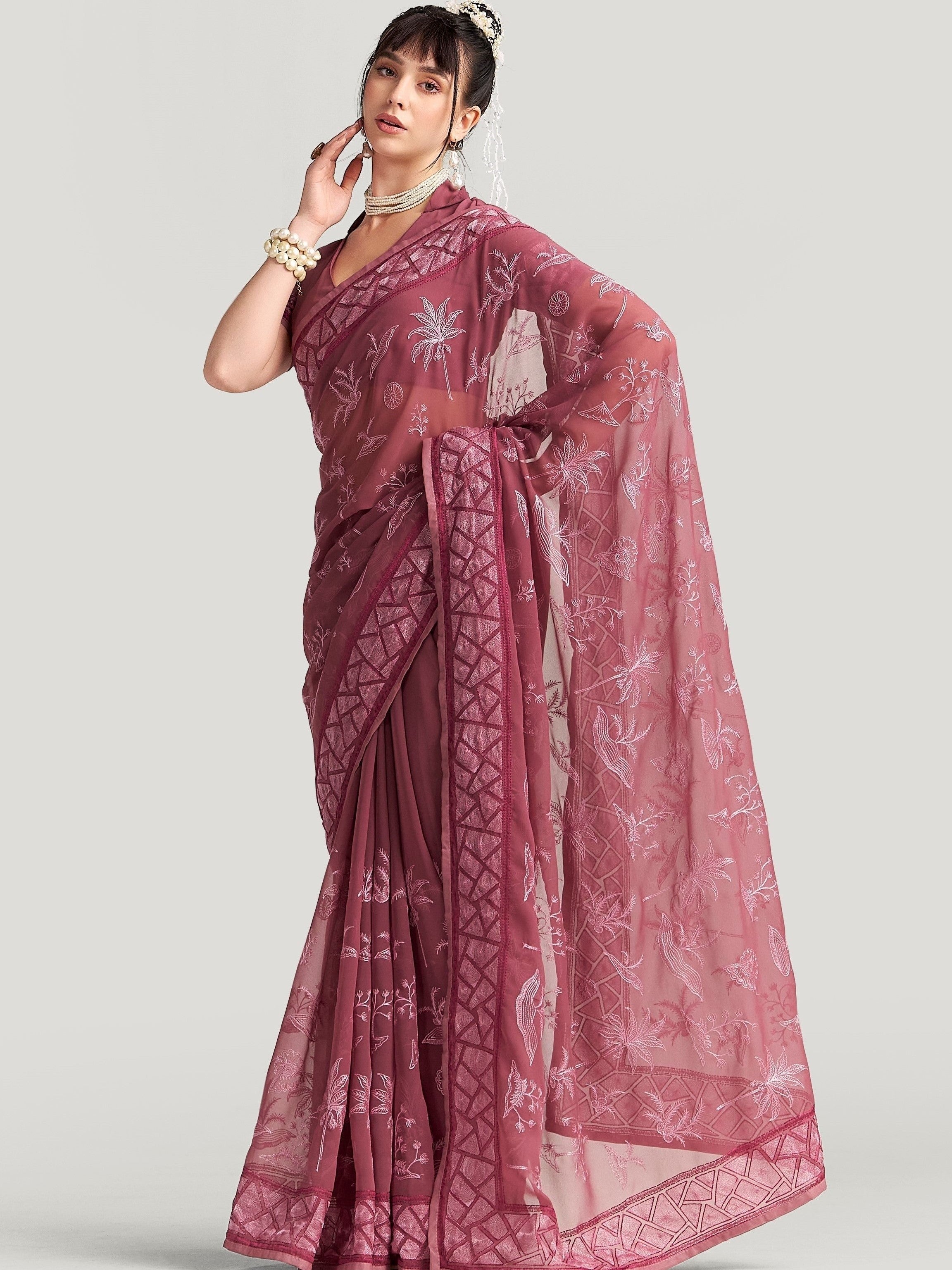 TURKISH ROSE PINK GEORGETTE TREE PRINTED EMBROIDERY SAREE