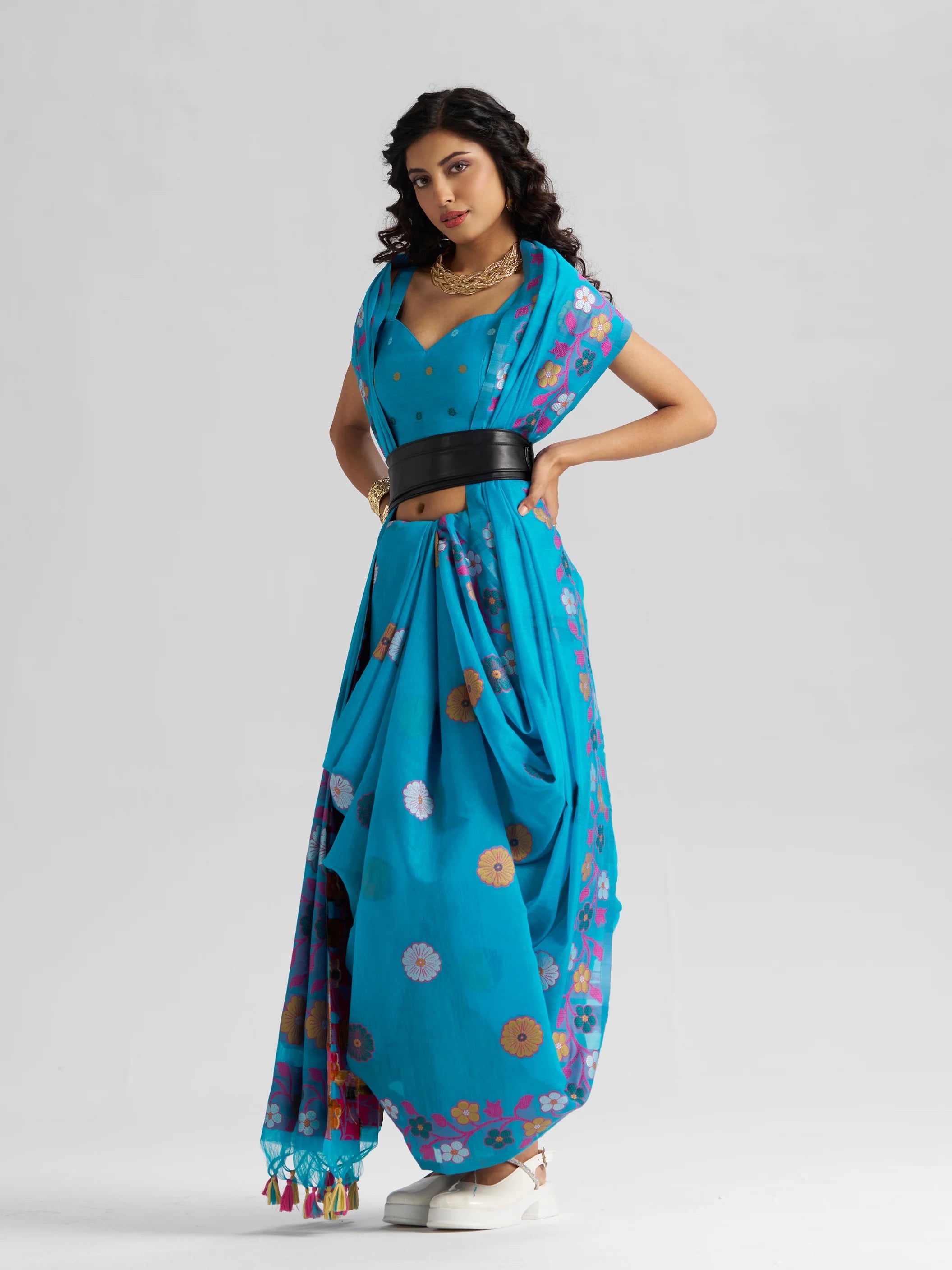TURQUOISE BLUE COTTON SILK GARDENIA SAREE