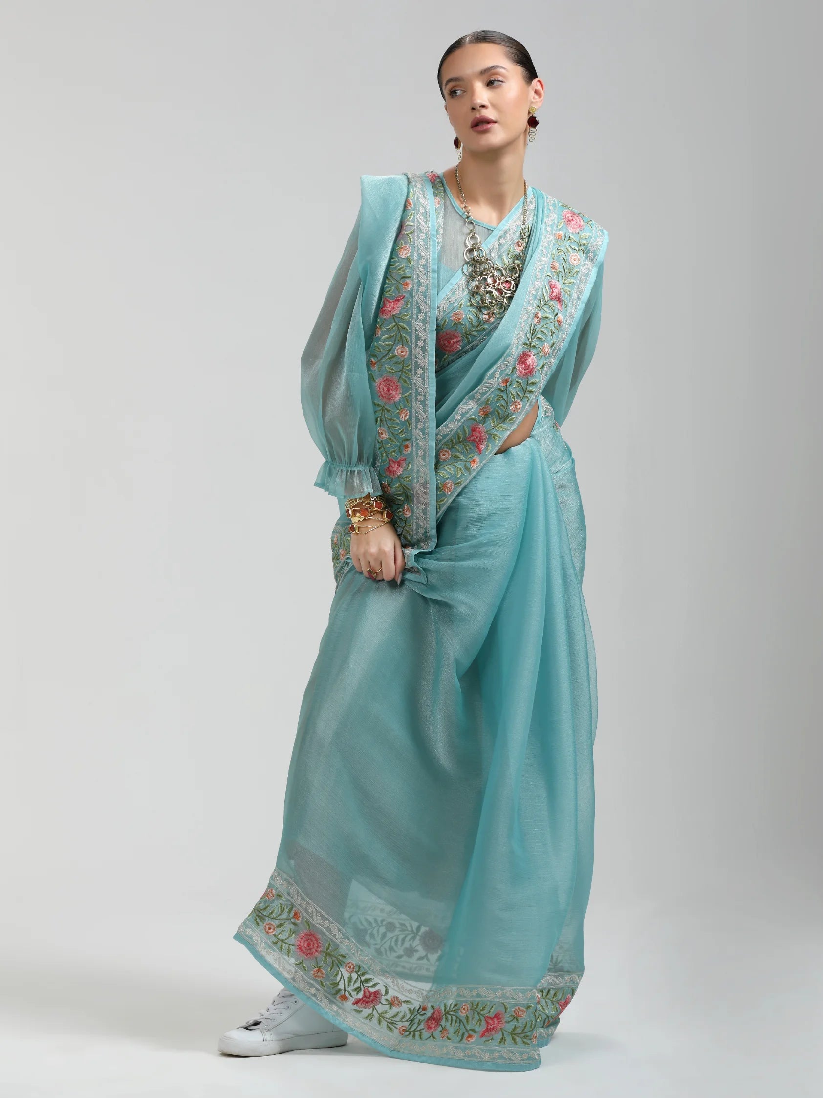 TURQUOISE BLUE ORGANZA ROSE PRINTED EMBROIDERY SAREE
