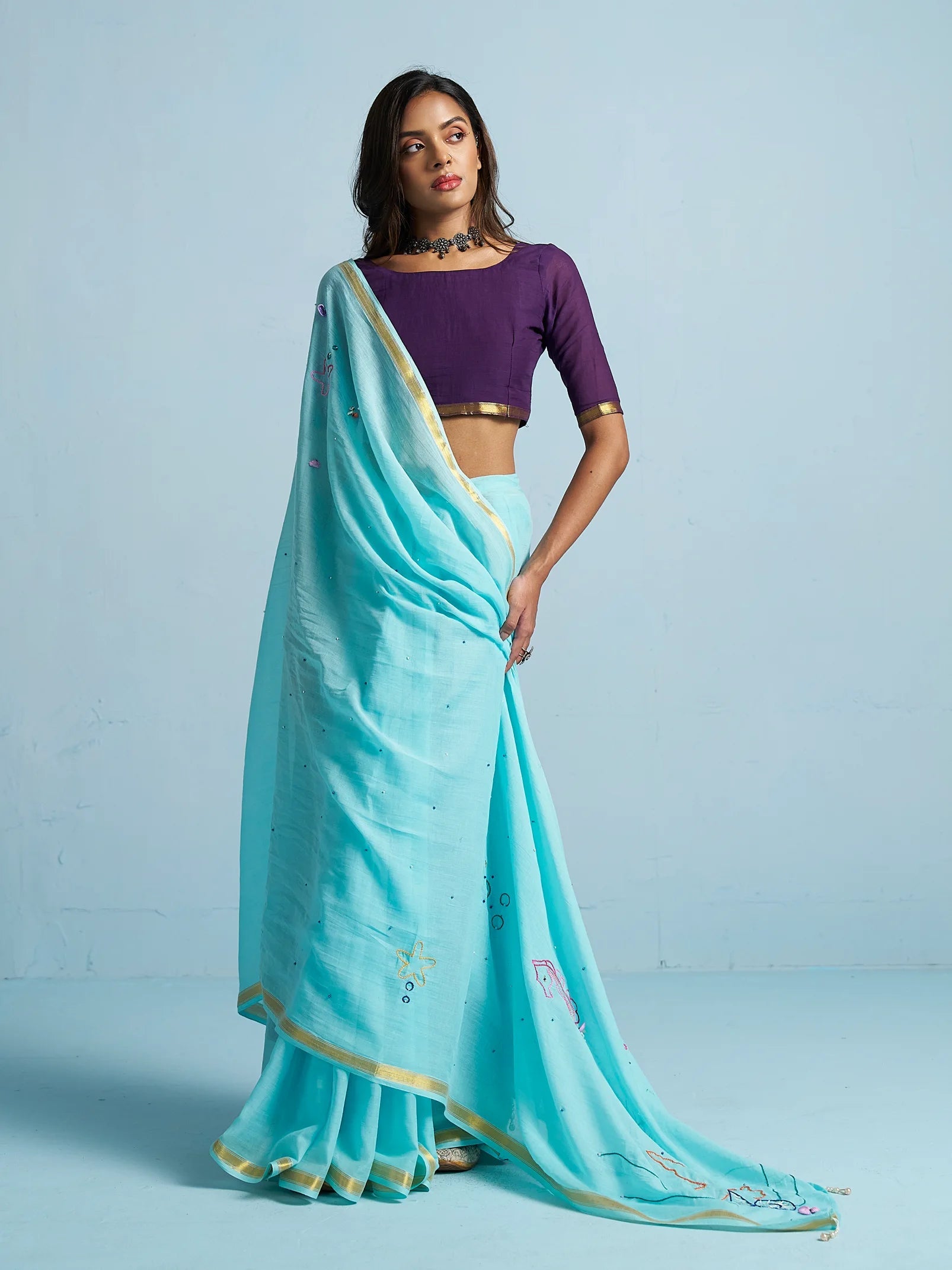 TURQUOISE BLUE VISCOSE MUL THREAD WORK SAREES