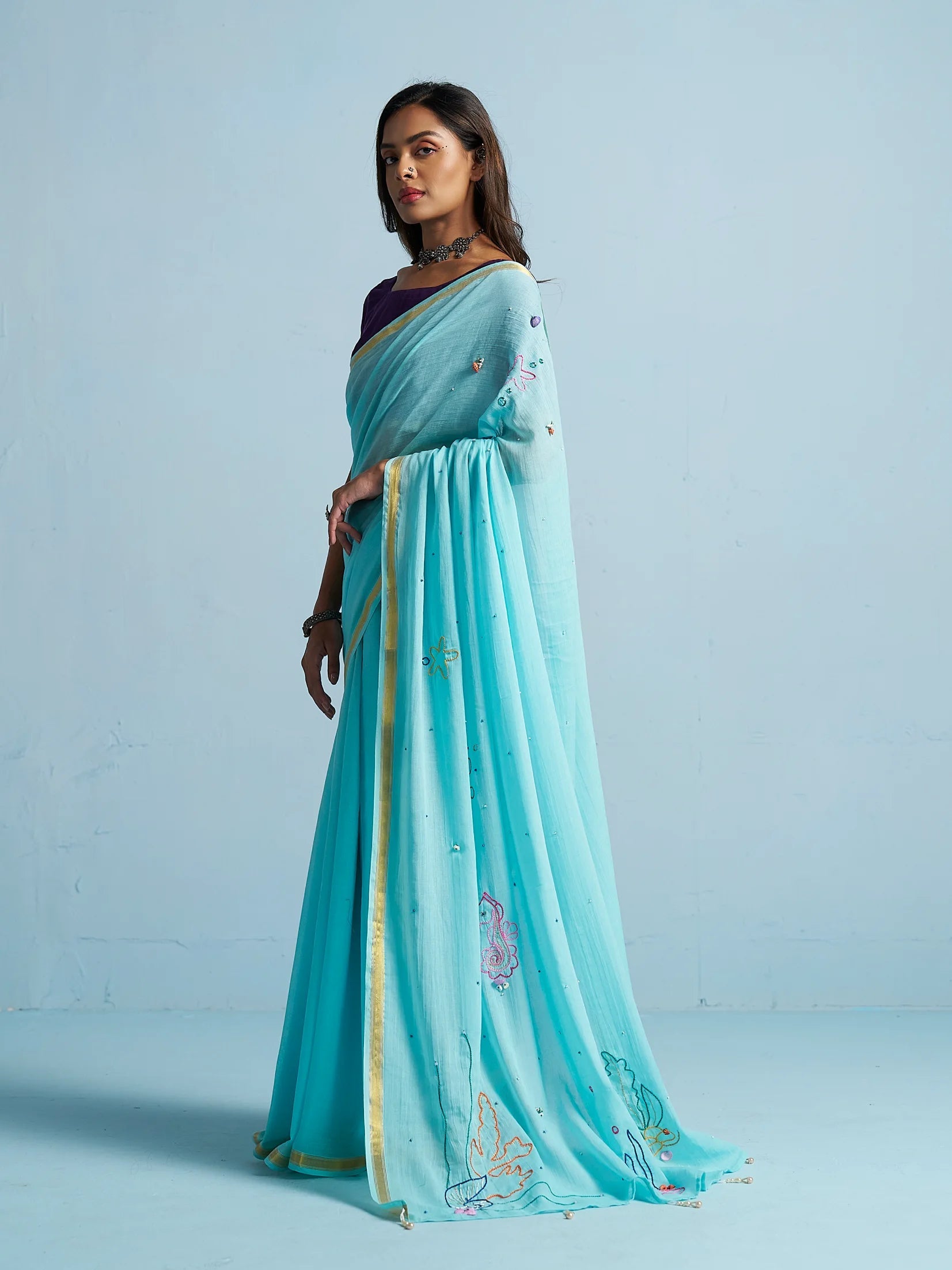 TURQUOISE BLUE VISCOSE MUL THREAD WORK SAREES