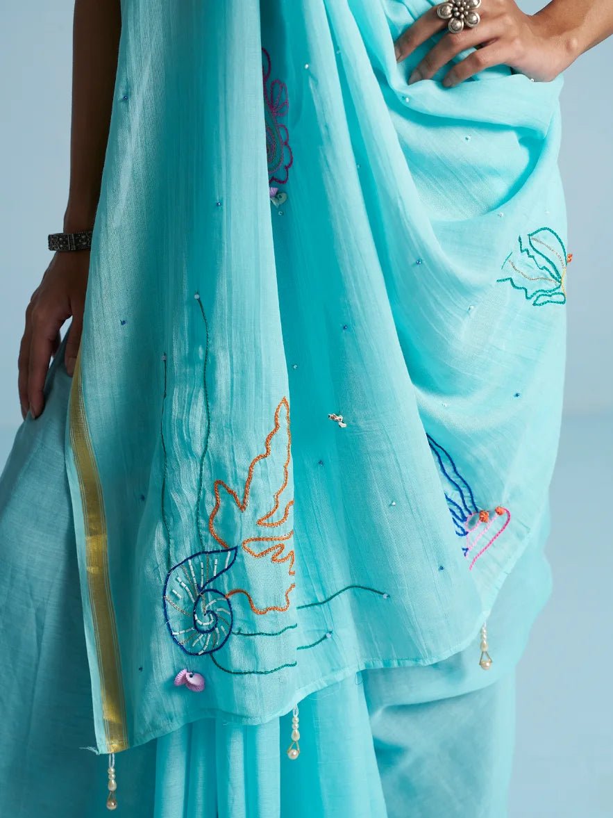 TURQUOISE BLUE VISCOSE MUL THREAD WORK SAREES