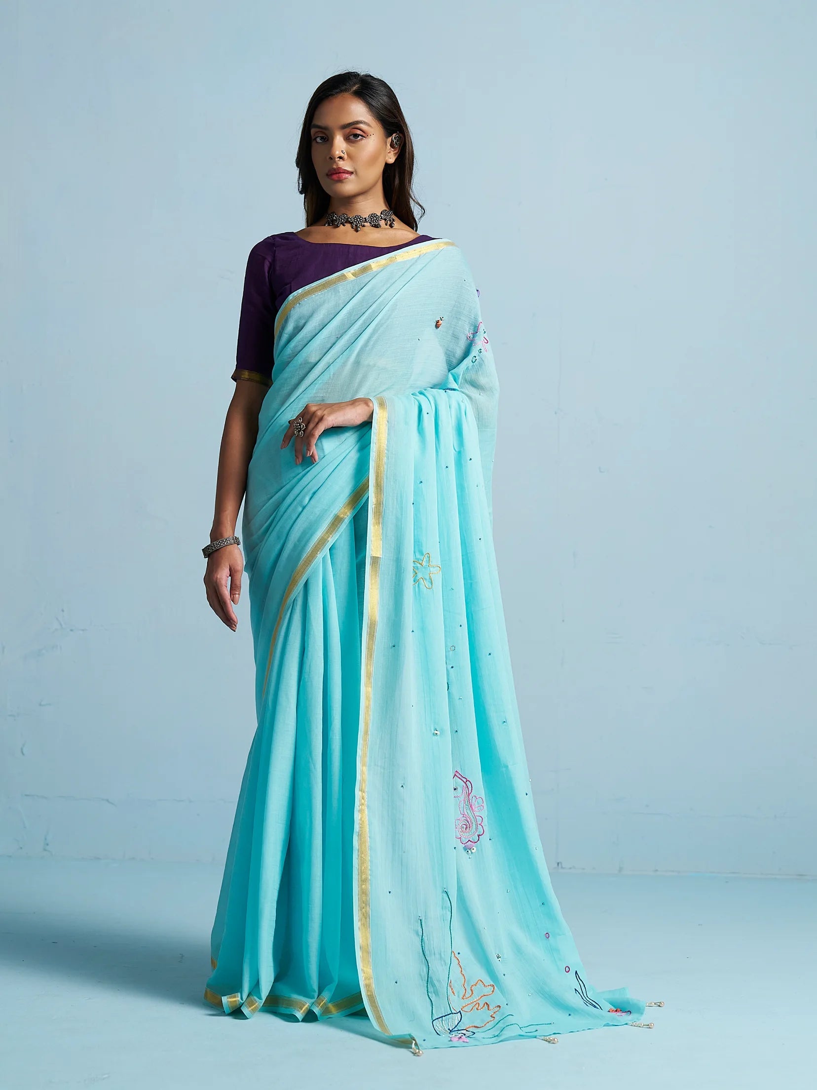 TURQUOISE BLUE VISCOSE MUL THREAD WORK SAREES