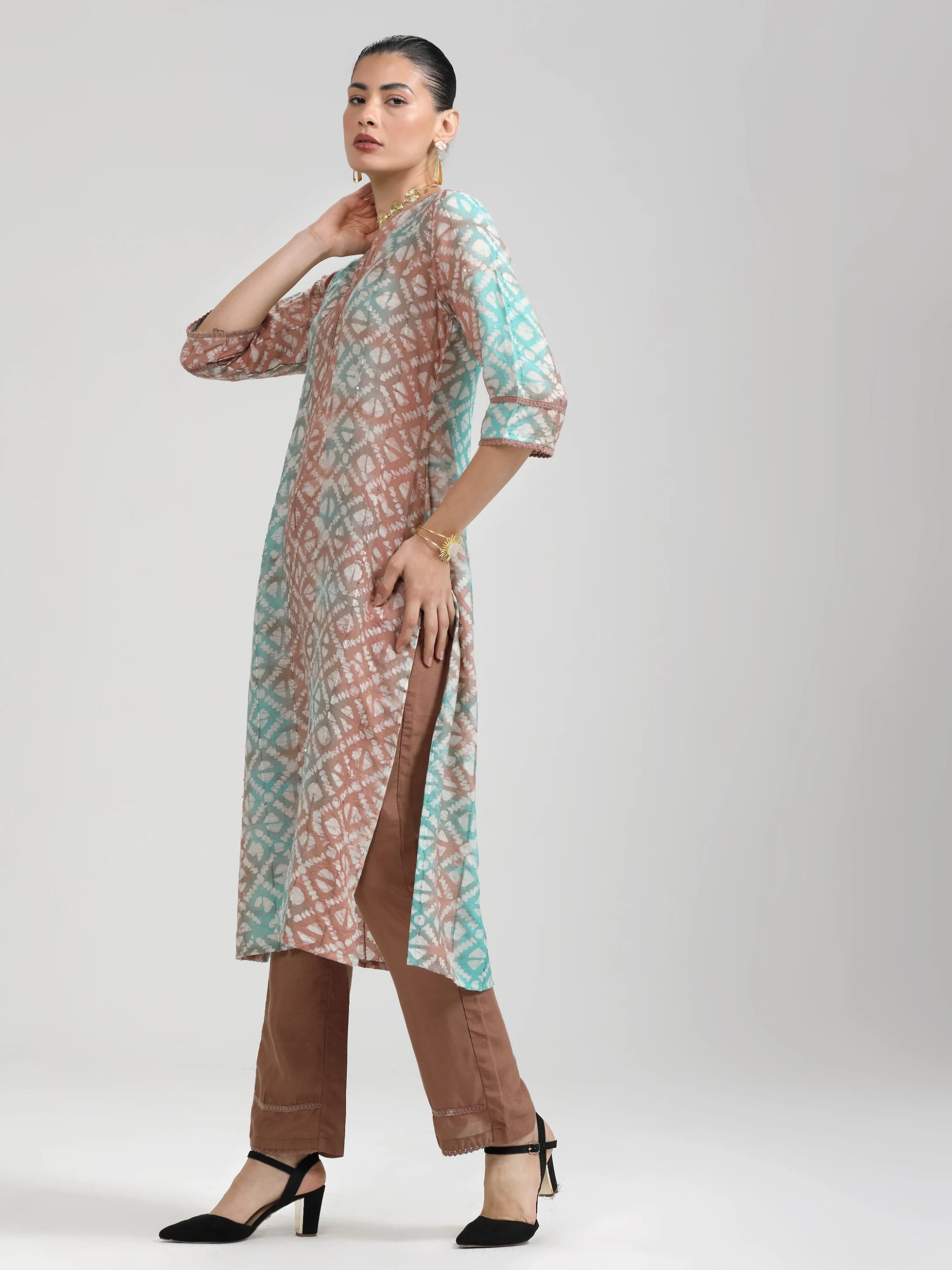 TURQUOISE FEEZY STIPES BATIK PRINTED KURTA WITH PANT