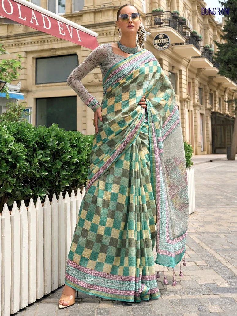 TURQUOISE GREEN VISCOSE MUL BLOCK PRINTED SAREE