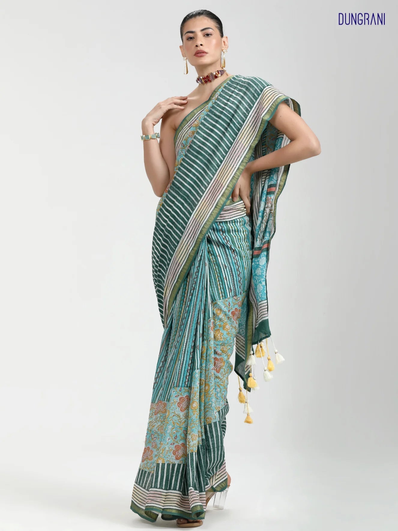 TURQUOISE MULMUL COTTON LIVA BLOCK PRINTED SAREE