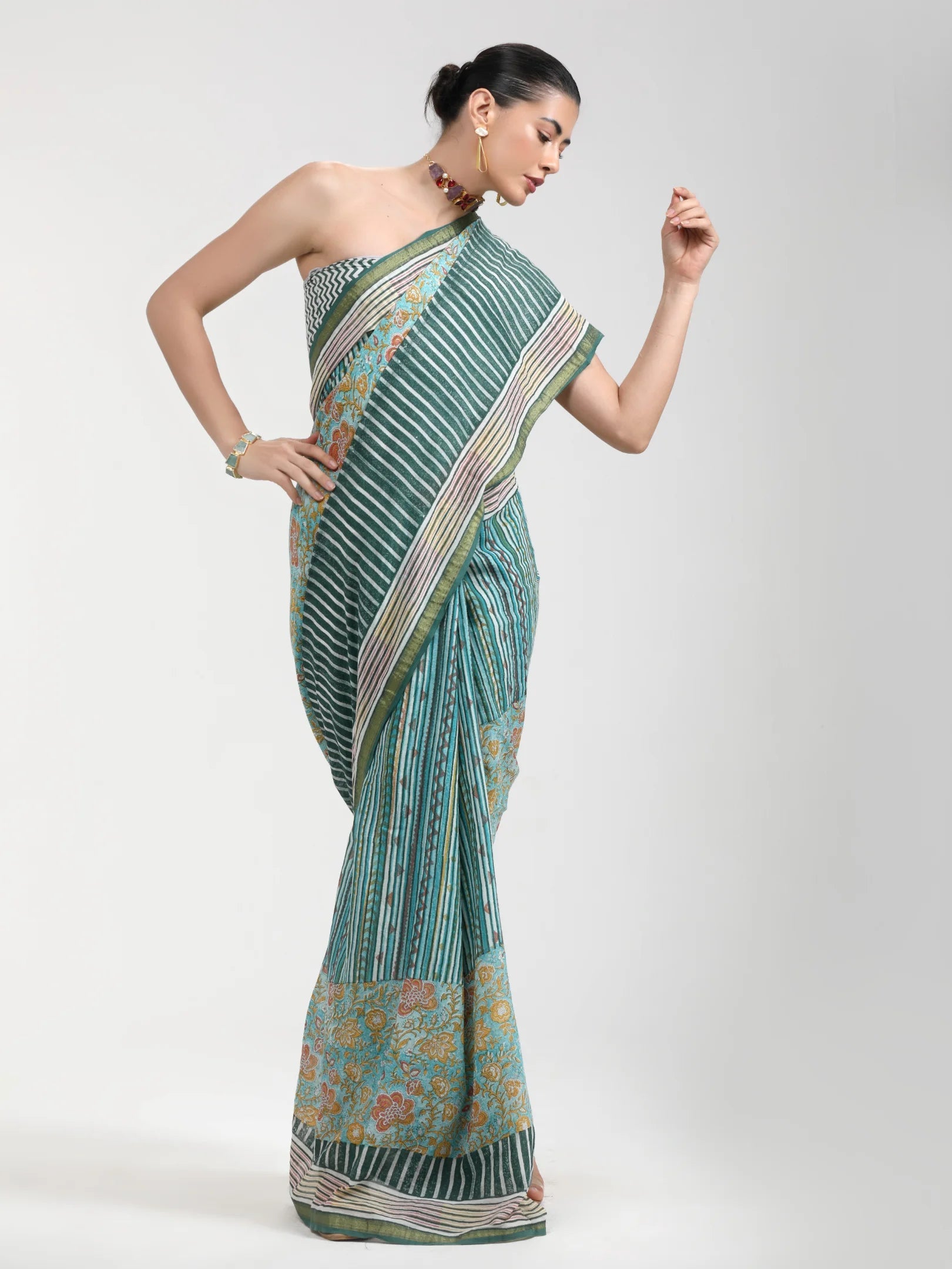TURQUOISE MULMUL COTTON LIVA BLOCK PRINTED SAREE