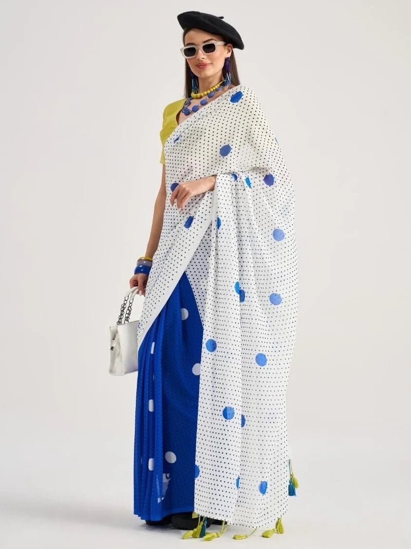 WHITE & BLUE GEORGETTE POLKA POPS DIGITAL PRINTED SAREE
