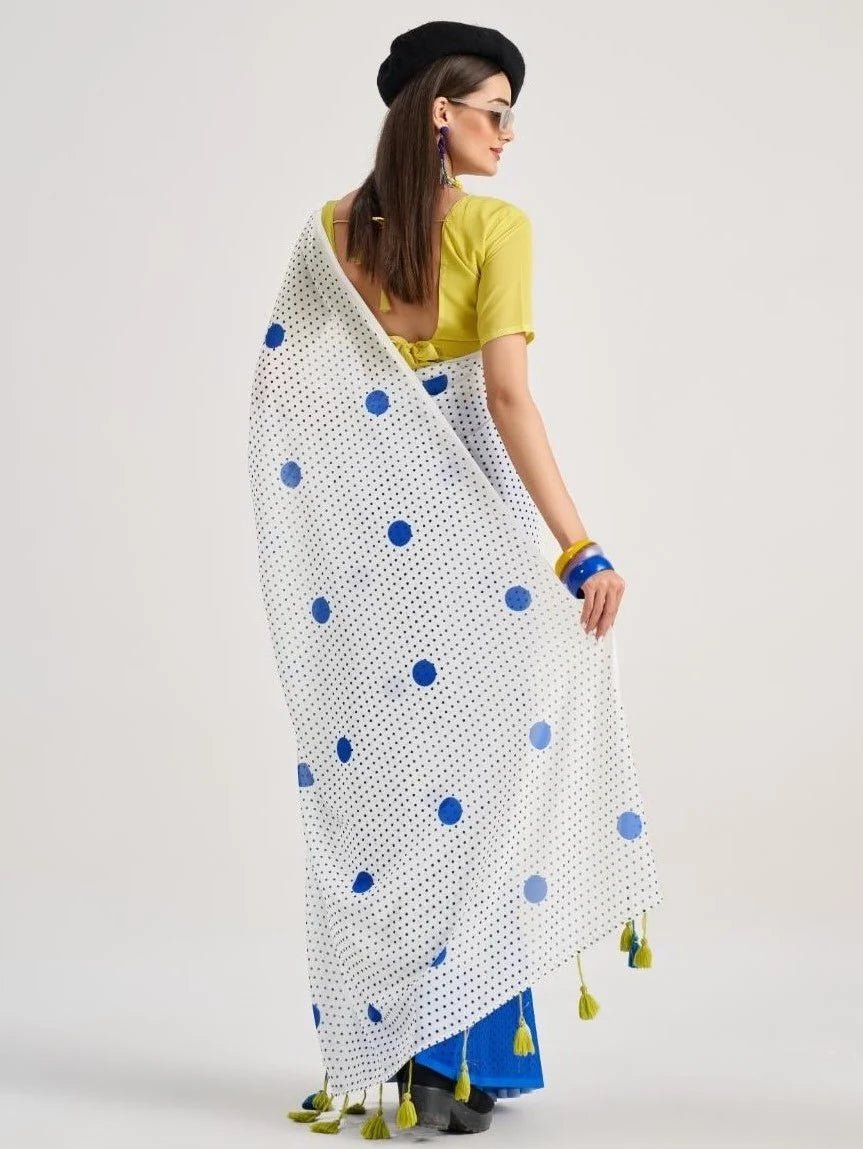 WHITE & BLUE GEORGETTE POLKA POPS DIGITAL PRINTED SAREE