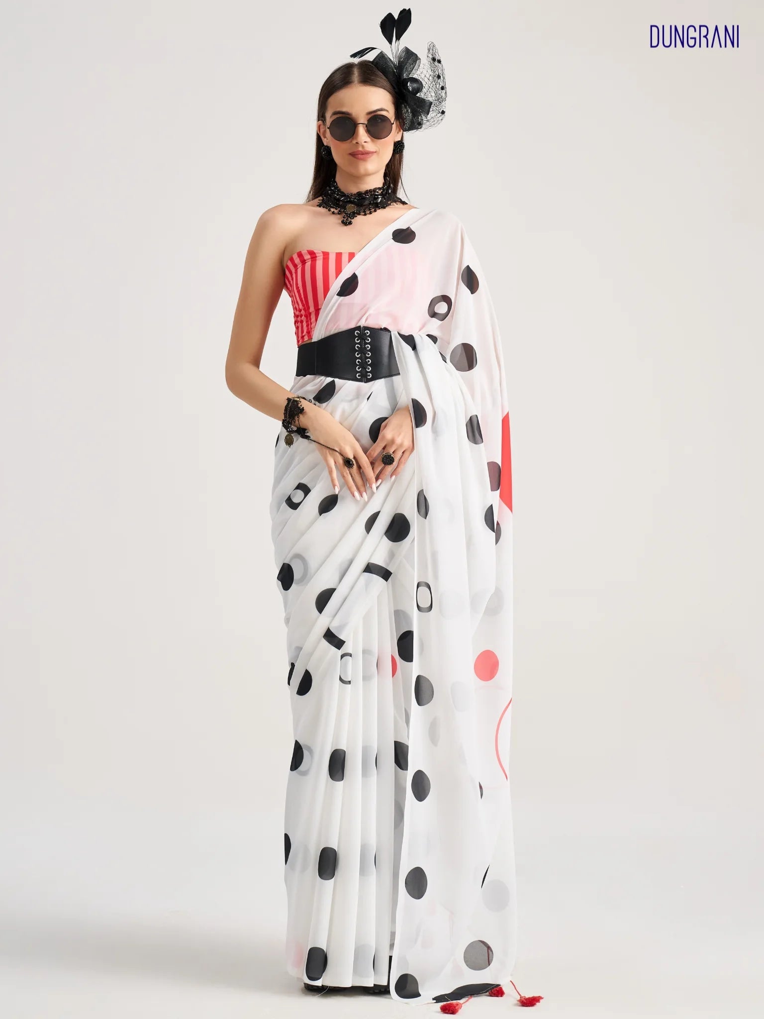 WHITE GEORGETTE POLKA POPS DIGITAL PRINTED SAREE