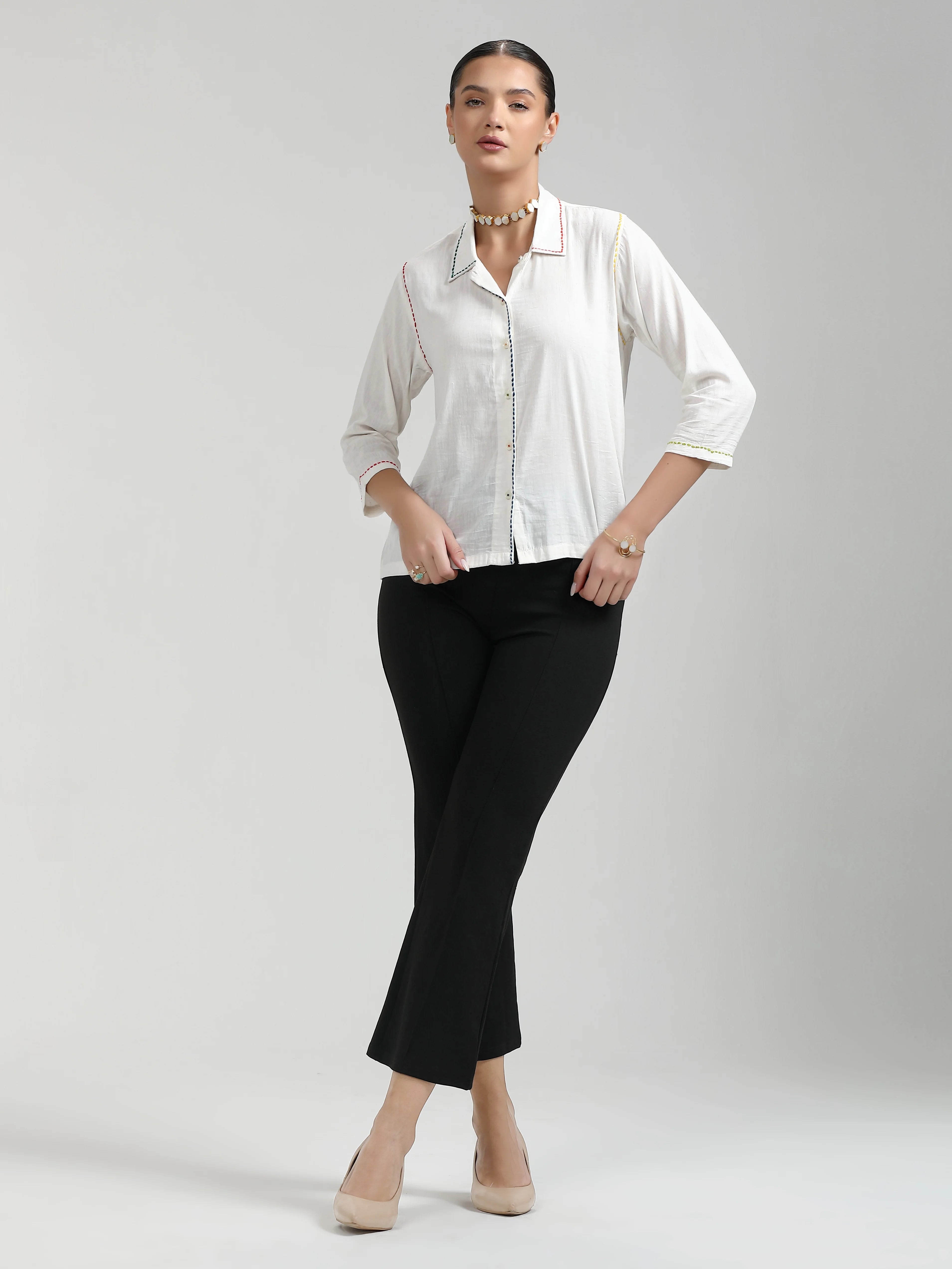 WHITE LIVO LINEN HAND EMBROIDERED SHIRT