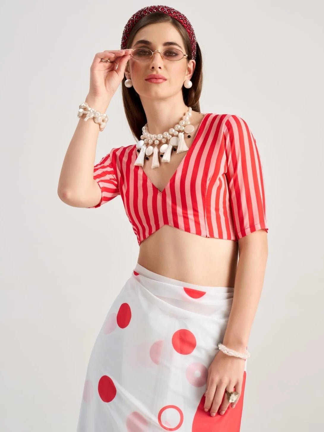 WHITE & RED GEORGETTE POLKA POPS DIGITAL PRINTED SAREE