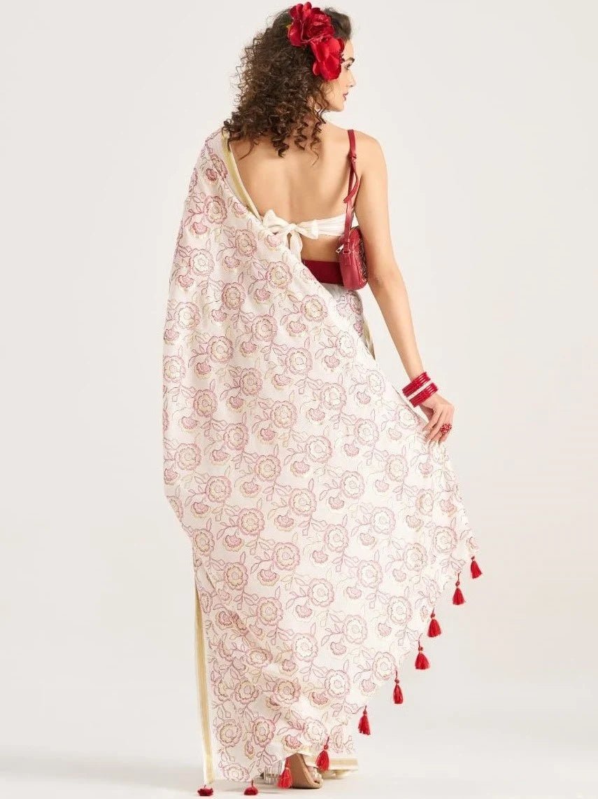 WHITE VISCOSE MUL FLOWER PRINTED SAREE