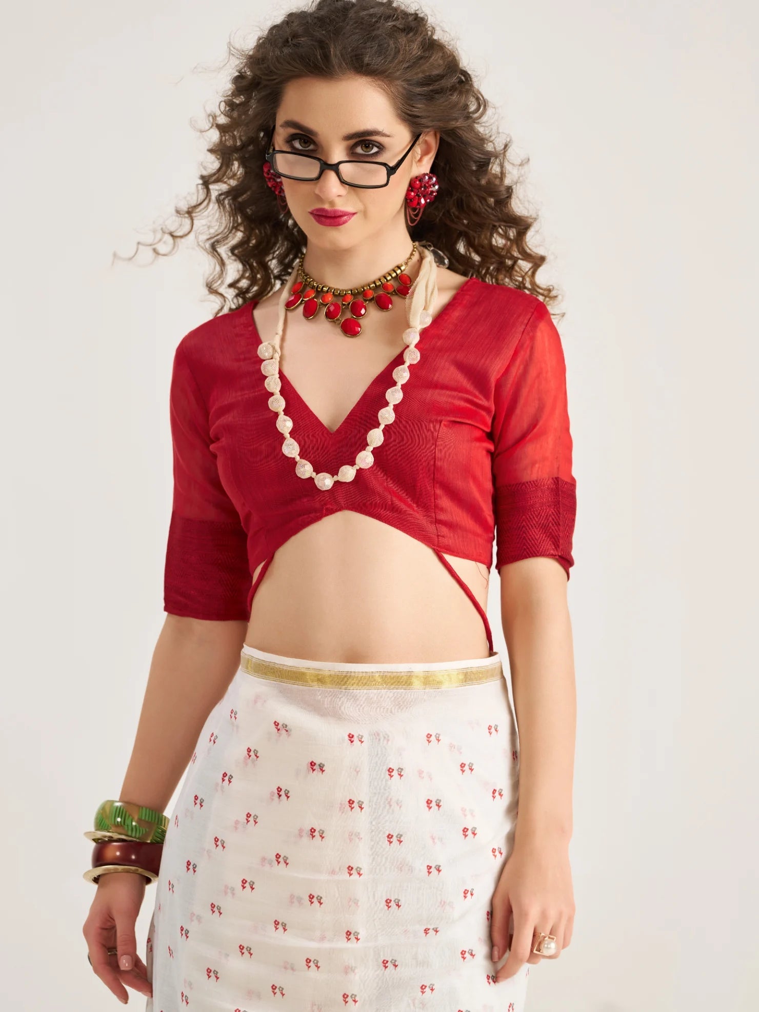 WHITE VISCOSE MUL FOIL PRINTED SAREE