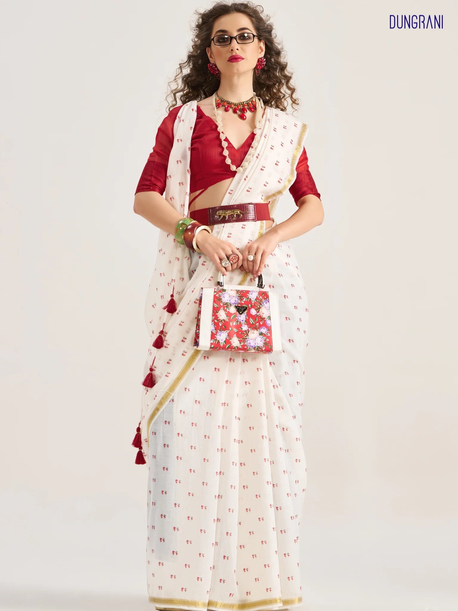 WHITE VISCOSE MUL FOIL PRINTED SAREE