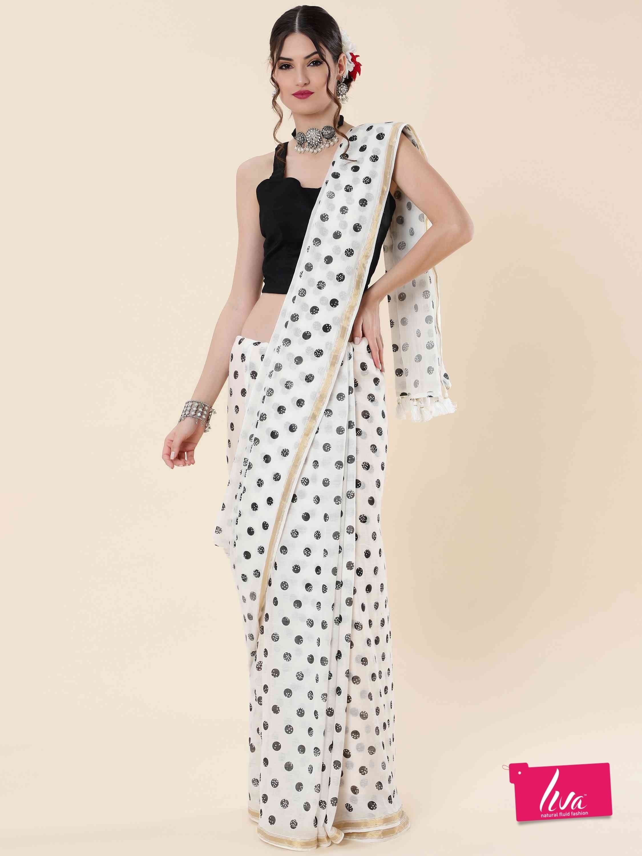 WHITE VISCOSE MUL LIVA POLKA DOTS SAREE