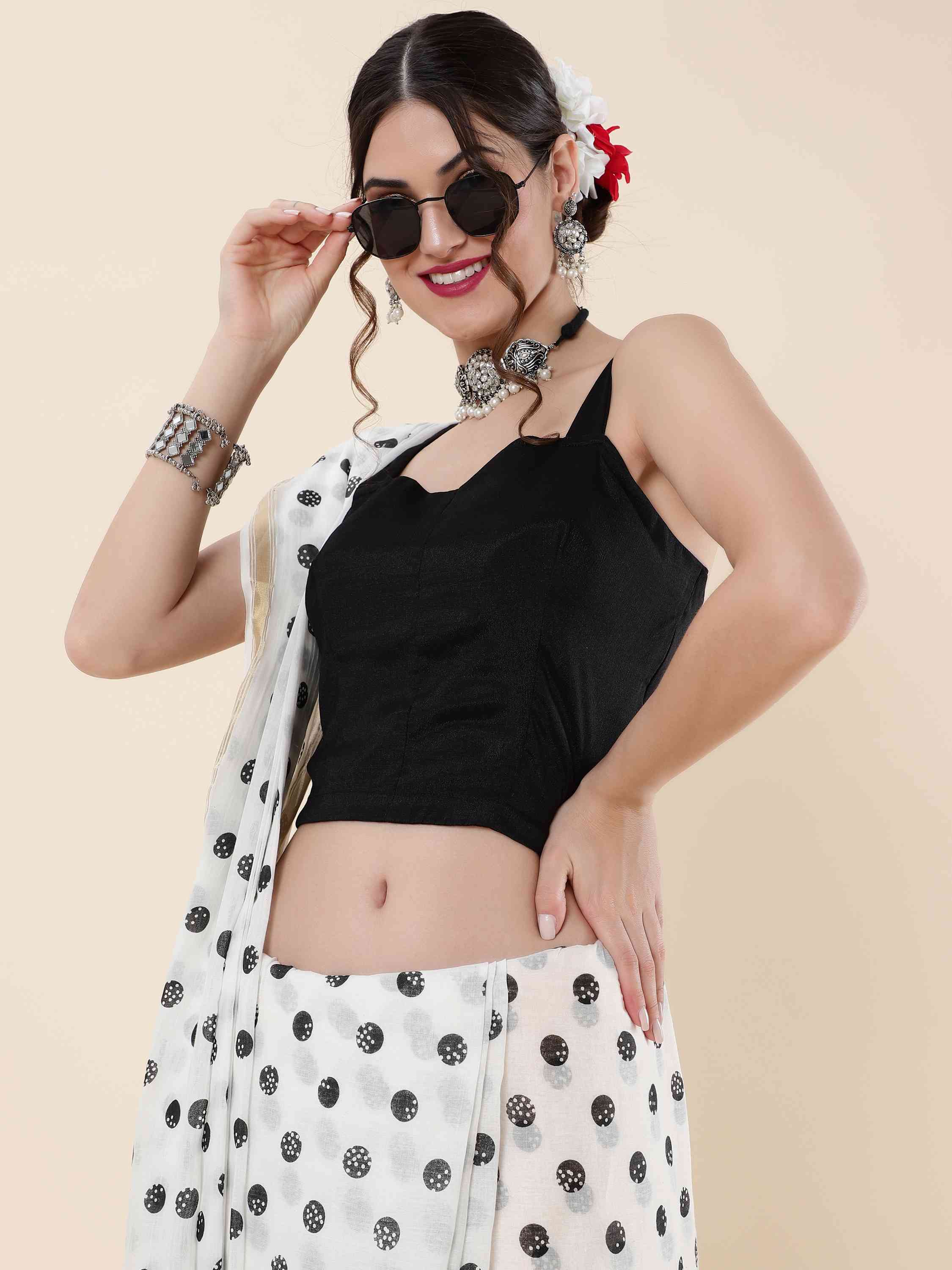 WHITE VISCOSE MUL LIVA POLKA DOTS SAREE