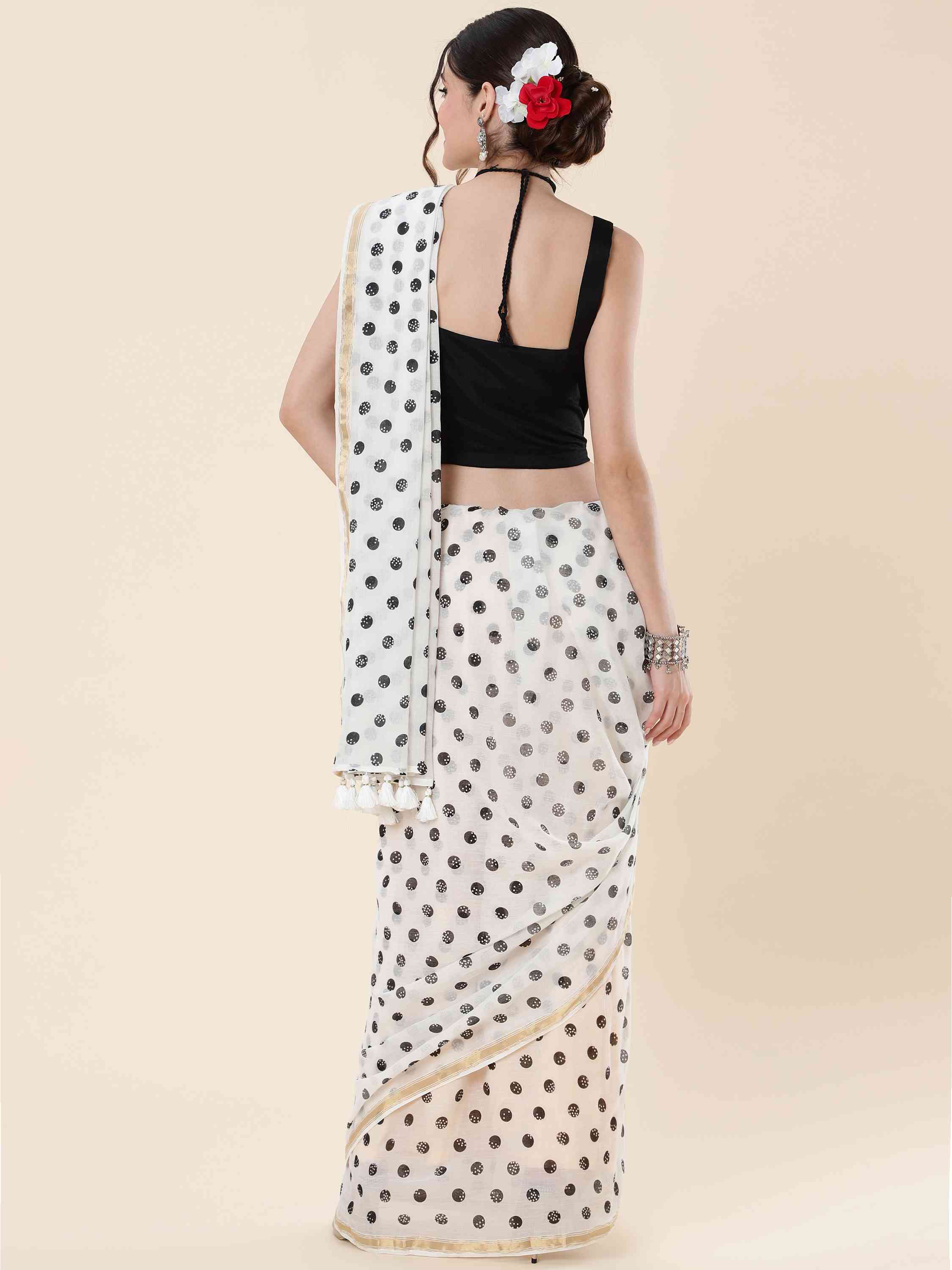 WHITE VISCOSE MUL LIVA POLKA DOTS SAREE