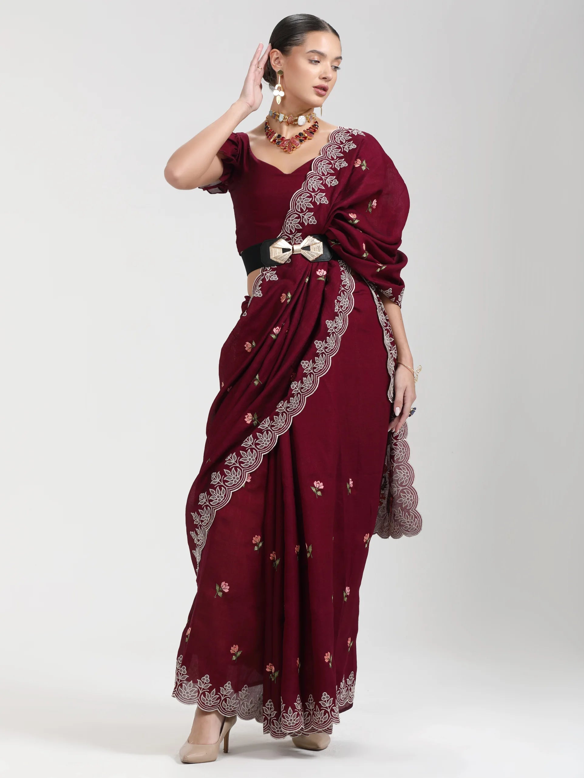 WINE TITANIUM ART SILK KANTHA EMBROIDERY SAREE