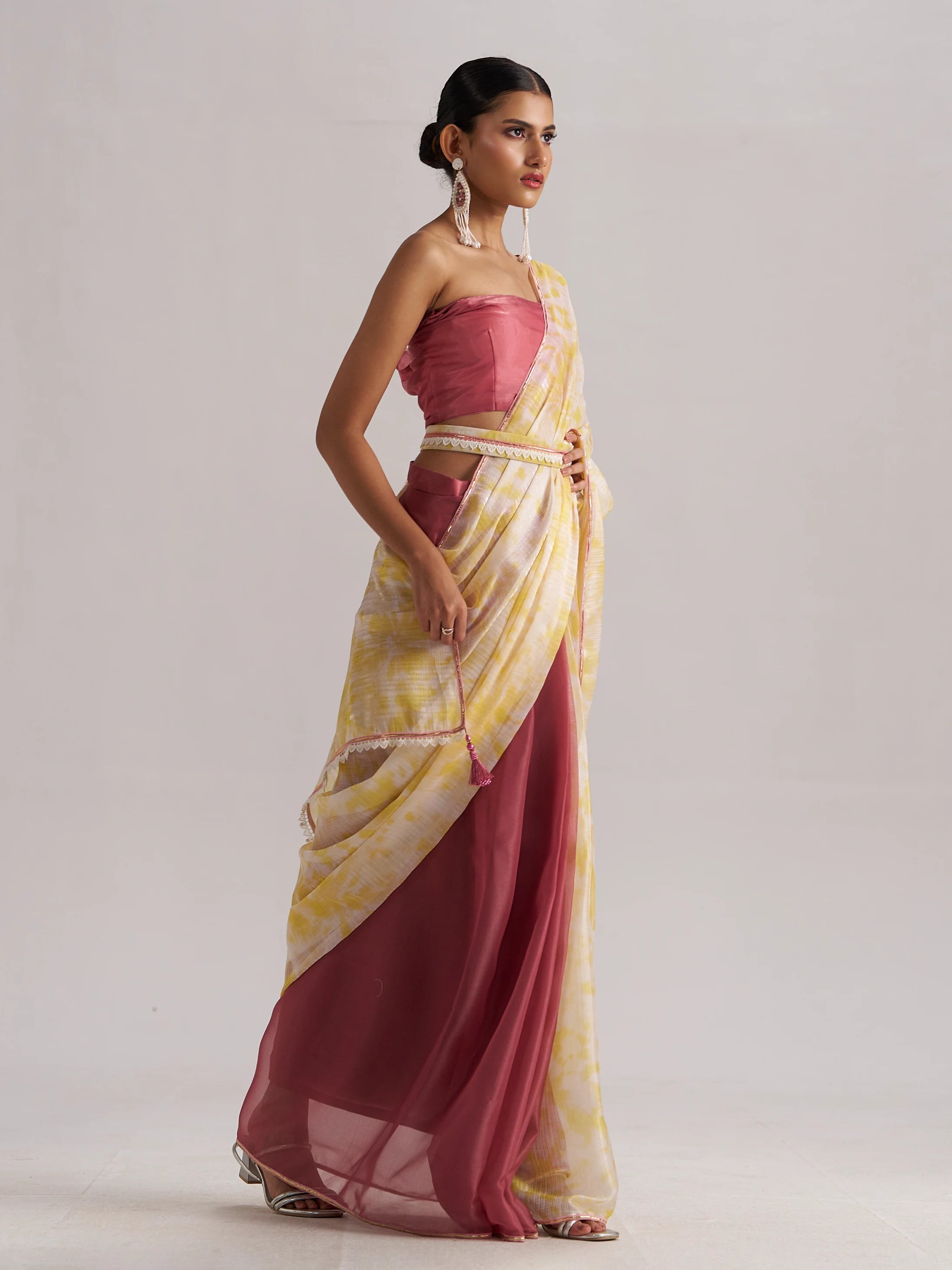 YELLOW BOUGAINVILLEA SOFT ORGANZA READY TO WEAR SAREE