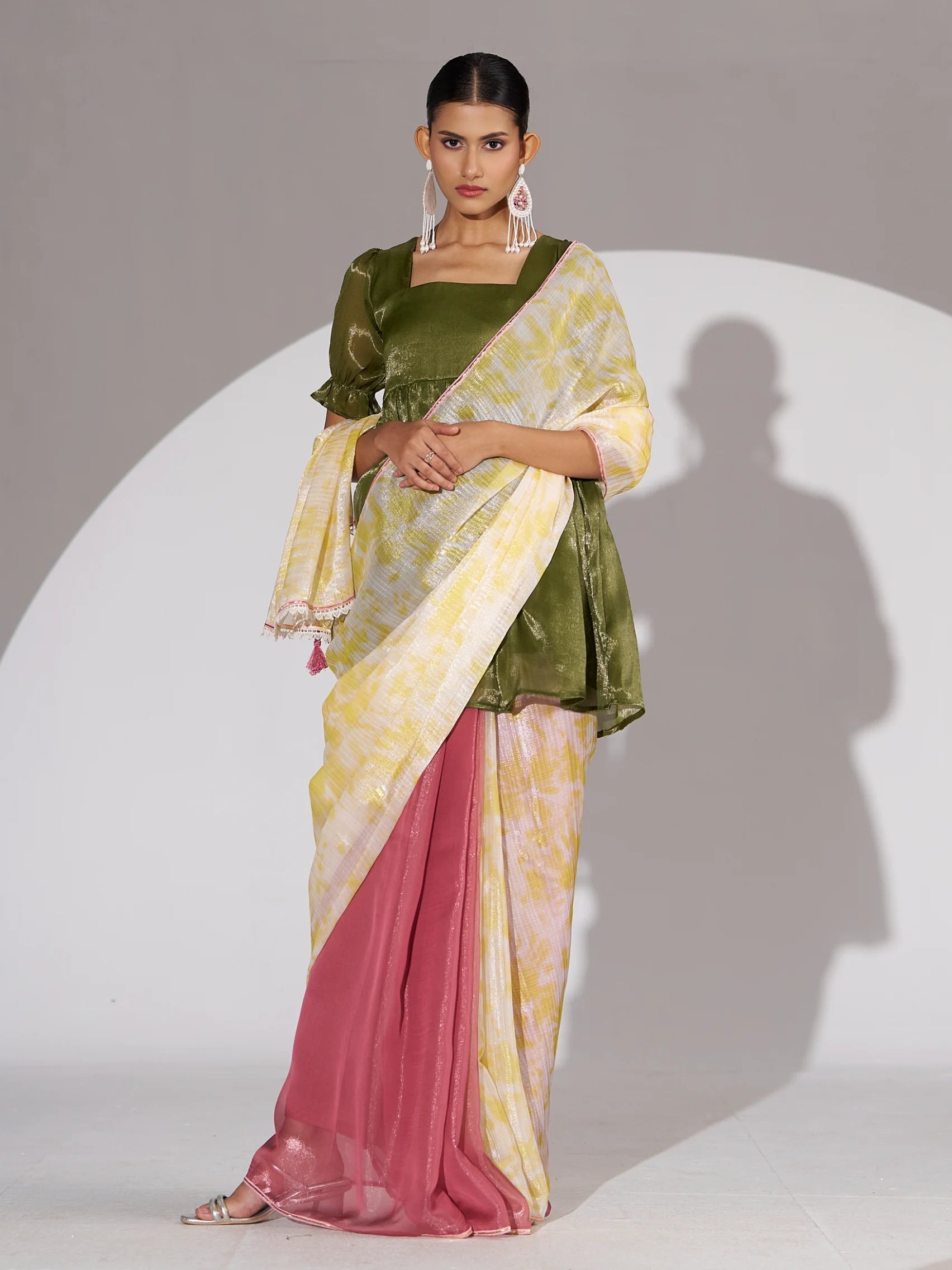 YELLOW BOUGAINVILLEA SOFT ORGANZA READY TO WEAR SAREE