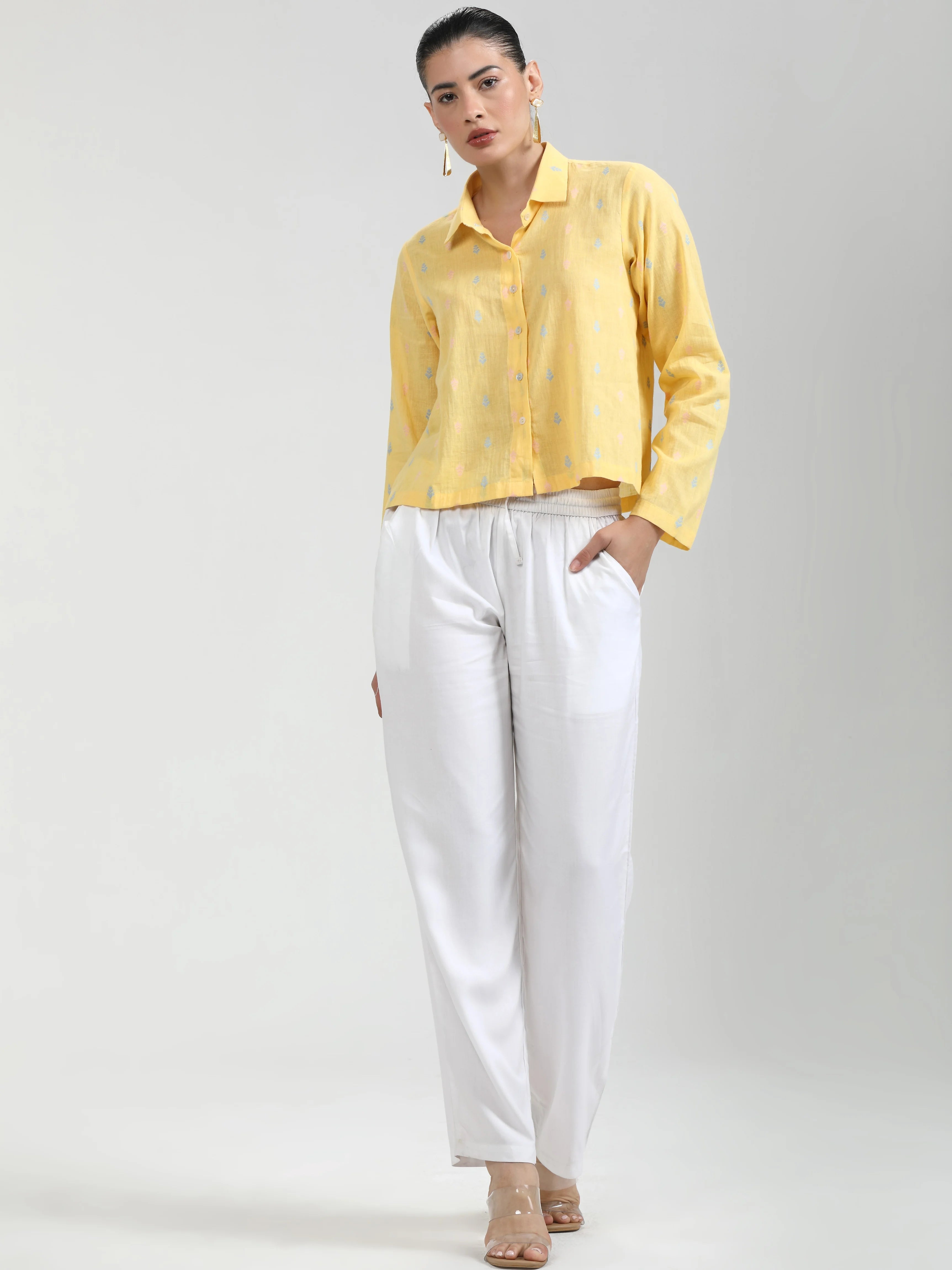 YELLOW COTTON COIN LEAF PRINTED TUNIC TOP