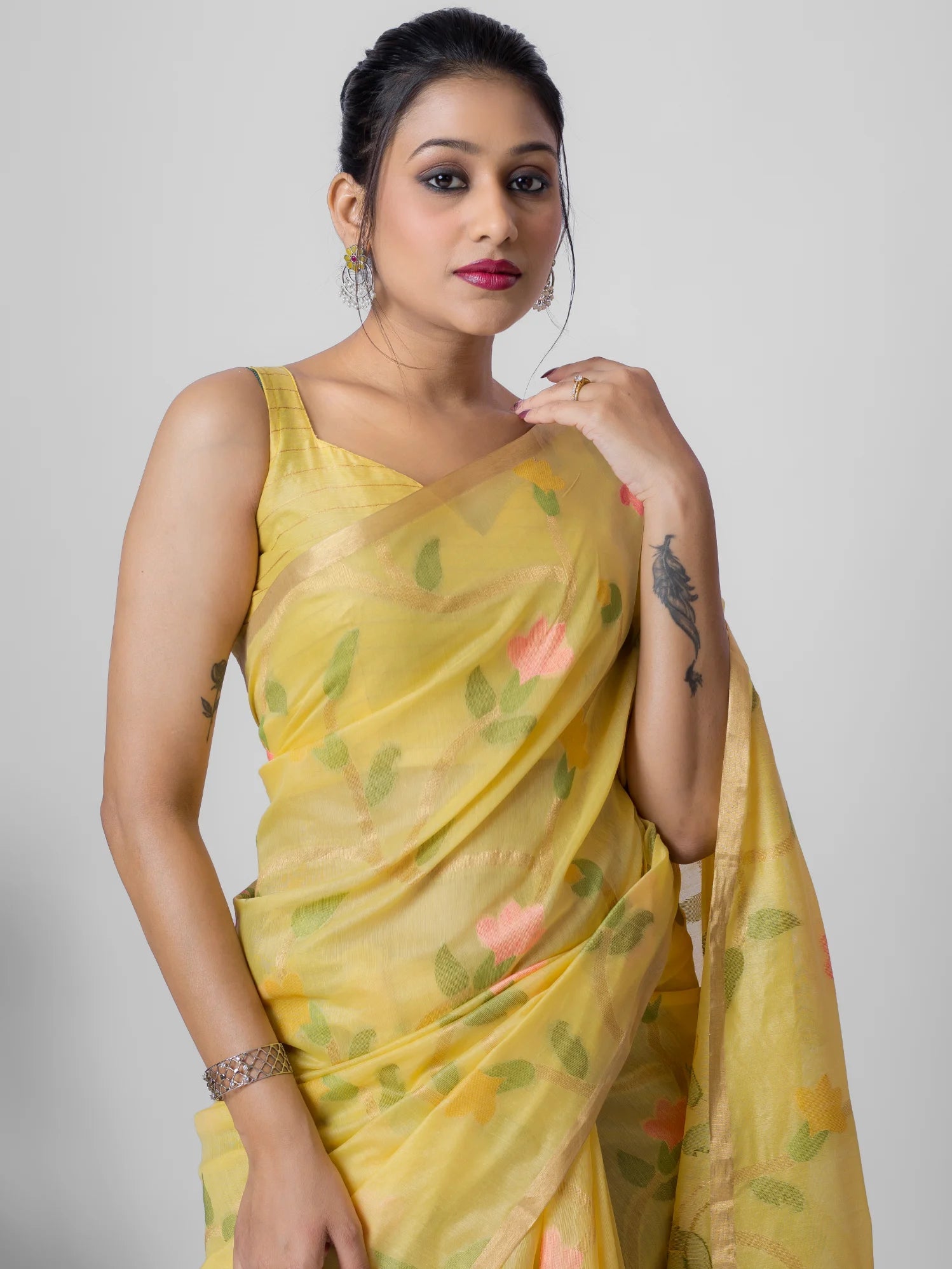 YELLOW LEAF MOTIF COTTON SILK JAAL SAREE