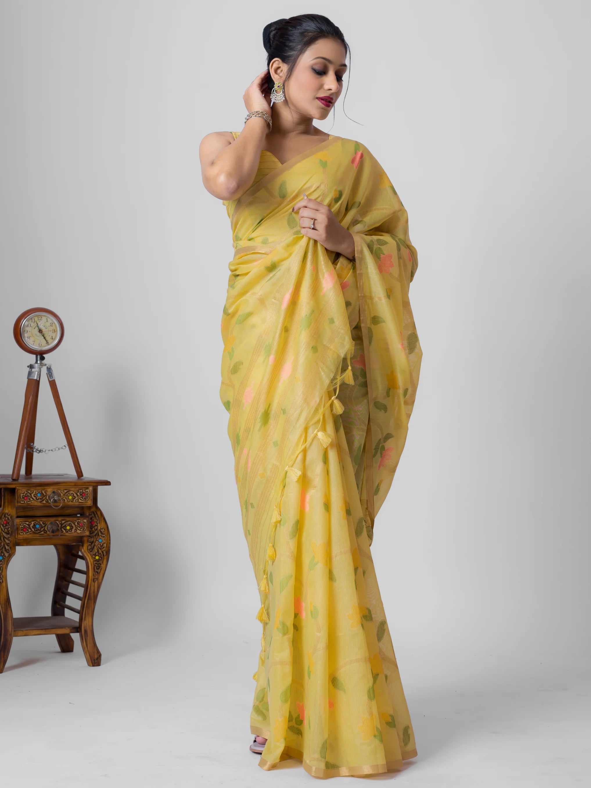YELLOW LEAF MOTIF COTTON SILK JAAL SAREE